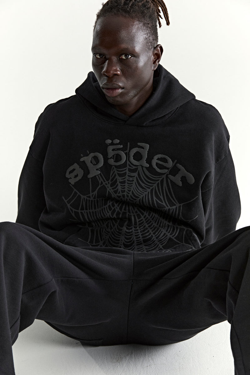 BLACK PHANTOM WEB HOODIE ON MODEL