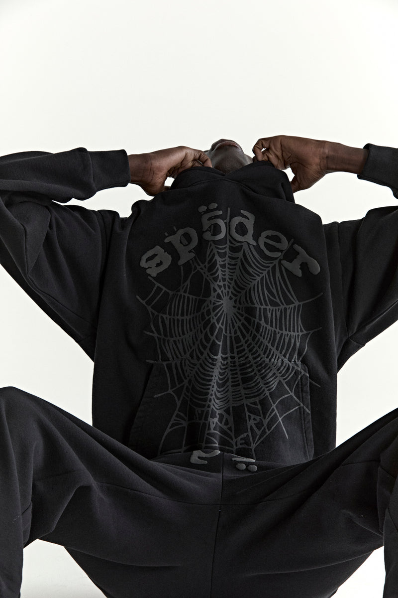 BLACK PHANTOM WEB HOODIE ON MODEL