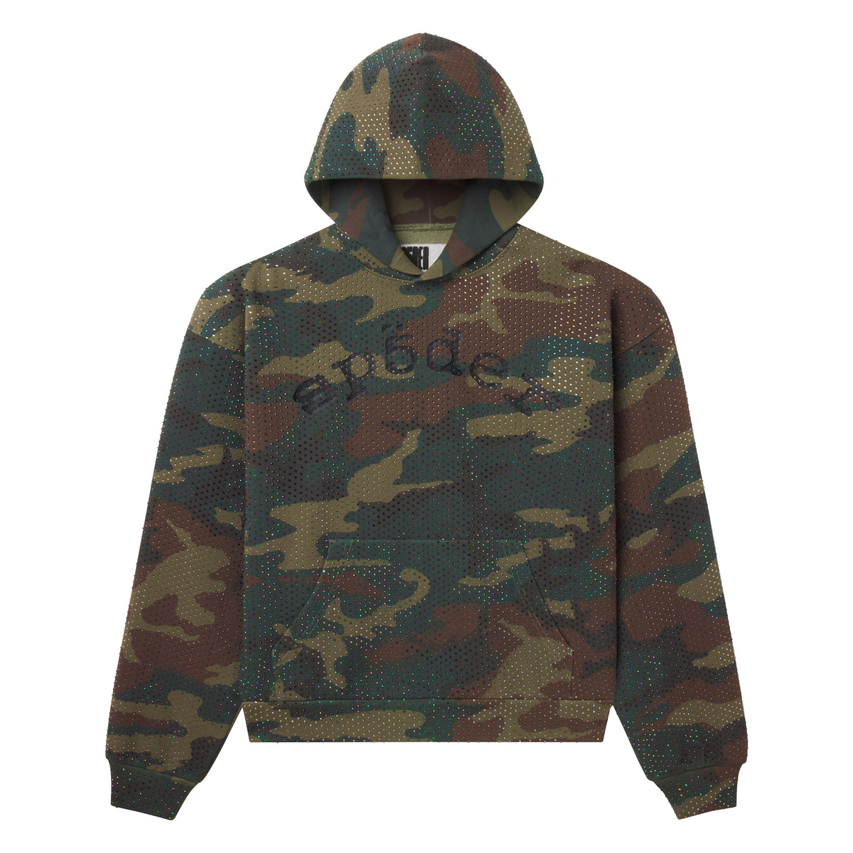 100% cotton camo hoodie featuring an all-over tonal rhinestone graphic design and rib knit hem and cuffs.