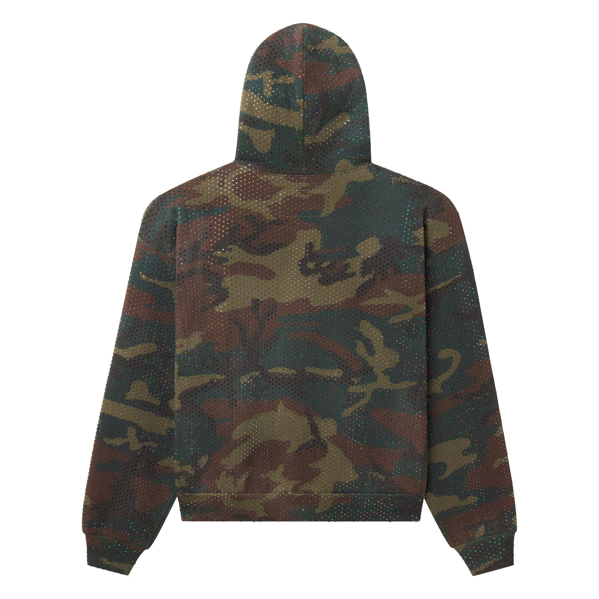 Back view of a 100% cotton camo hoodie featuring an all-over tonal rhinestone graphic design and rib knit hem and cuffs.