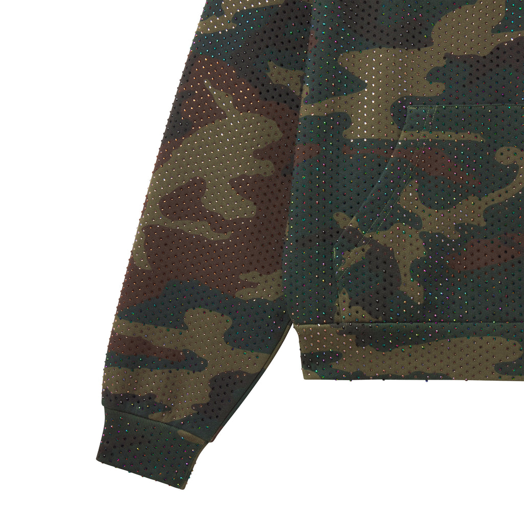 Camo print cotton fleece hoodie featuring an all-over tonal rhinestone graphic design and a front kangaroo pocket.