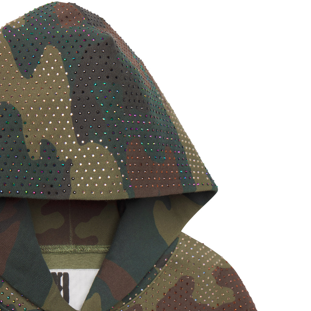 Camo print cotton fleece hoodie featuring an all-over tonal rhinestone graphic design on the hood.