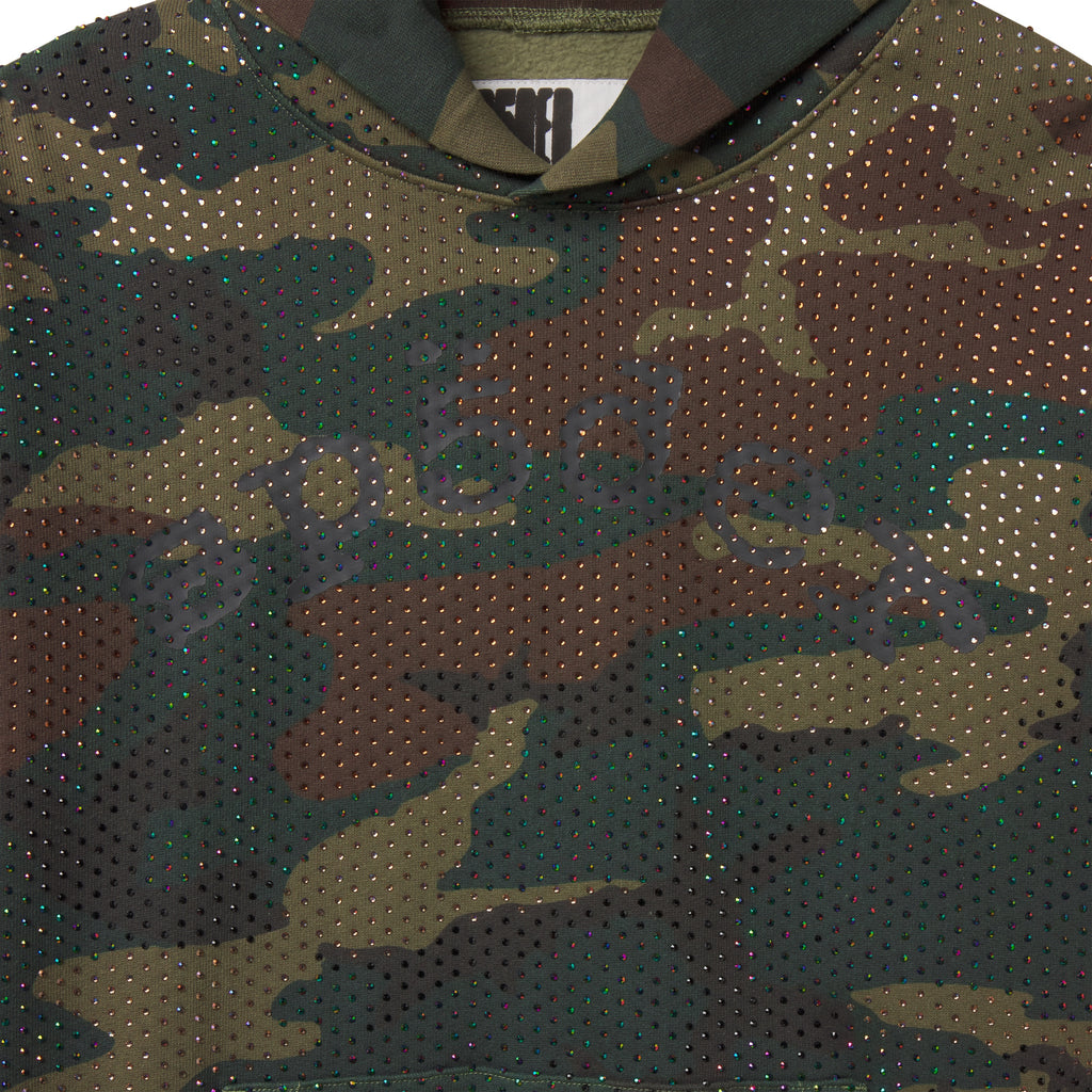 Camo print cotton fleece hoodie featuring all-over tonal rhinestones and a SP5DER graphic print across the chest.