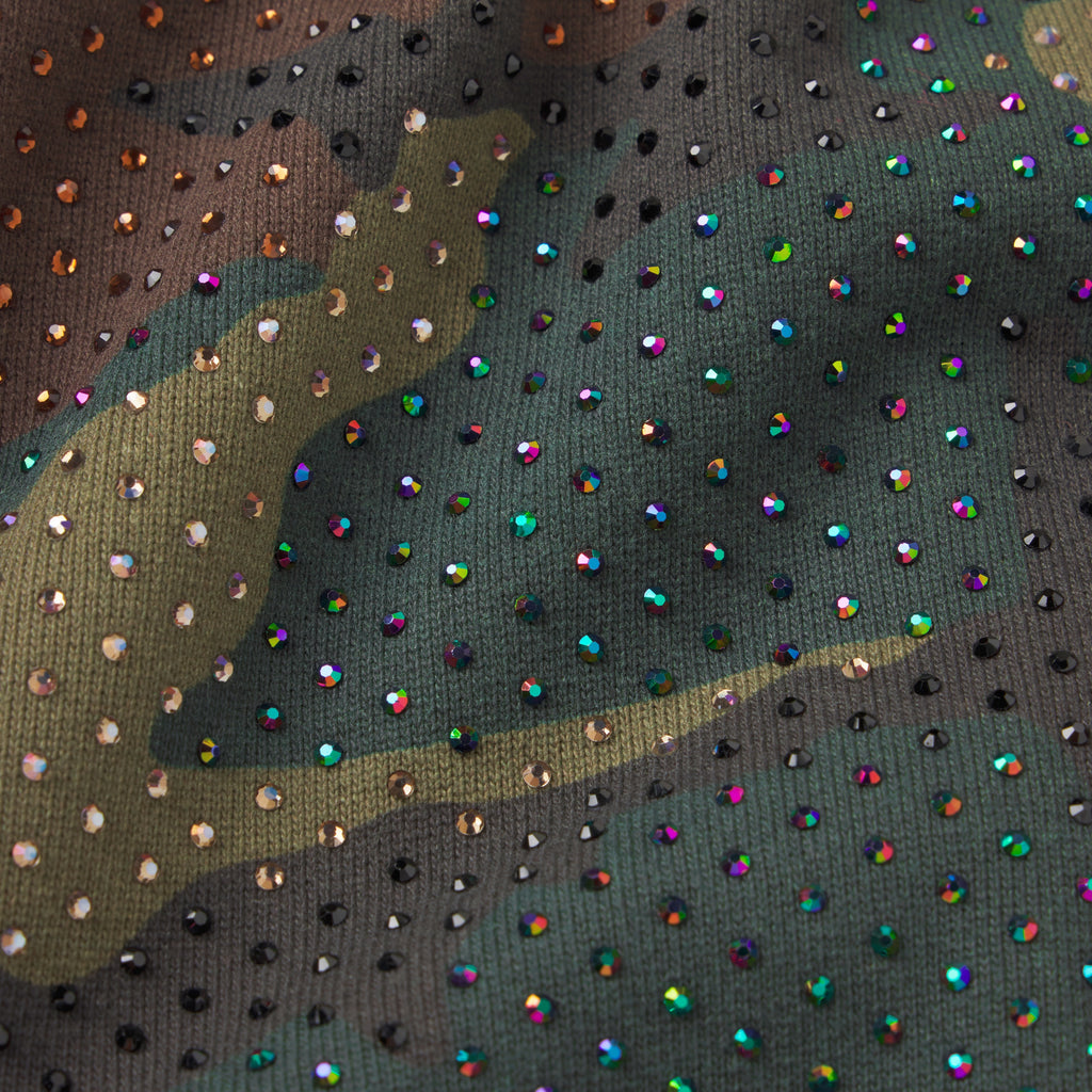 Camo print 13oz cotton fleece hoodie featuring an all-over tonal rhinestone graphic design.