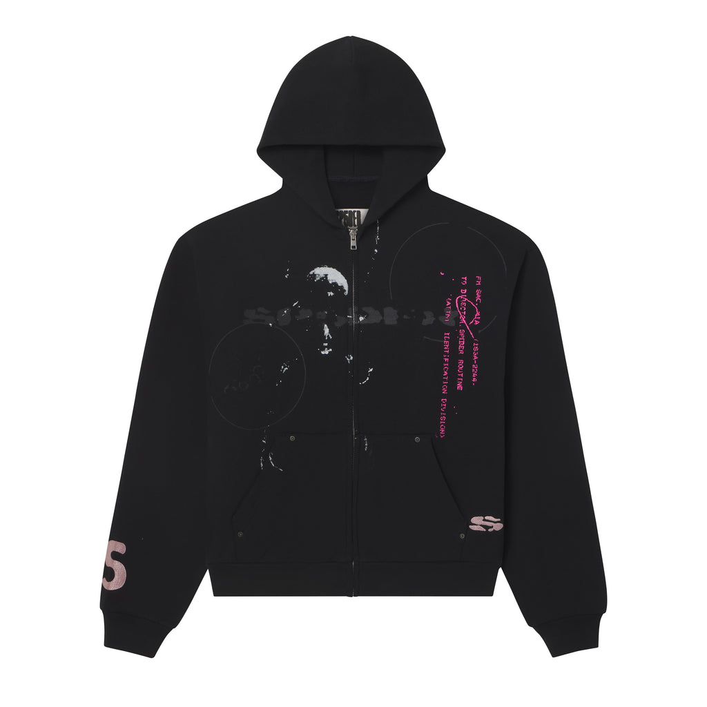 Black 100% cotton zip hoodie with distressed white and pink graphic prints, chest embroidery, and rivet-detailed welt pockets.