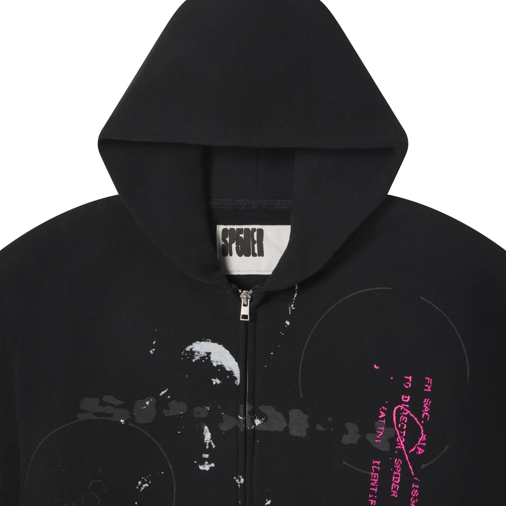 Black 100% cotton fleece zip hoodie featuring distressed white and pink abstract graphic prints and chest embroidery.