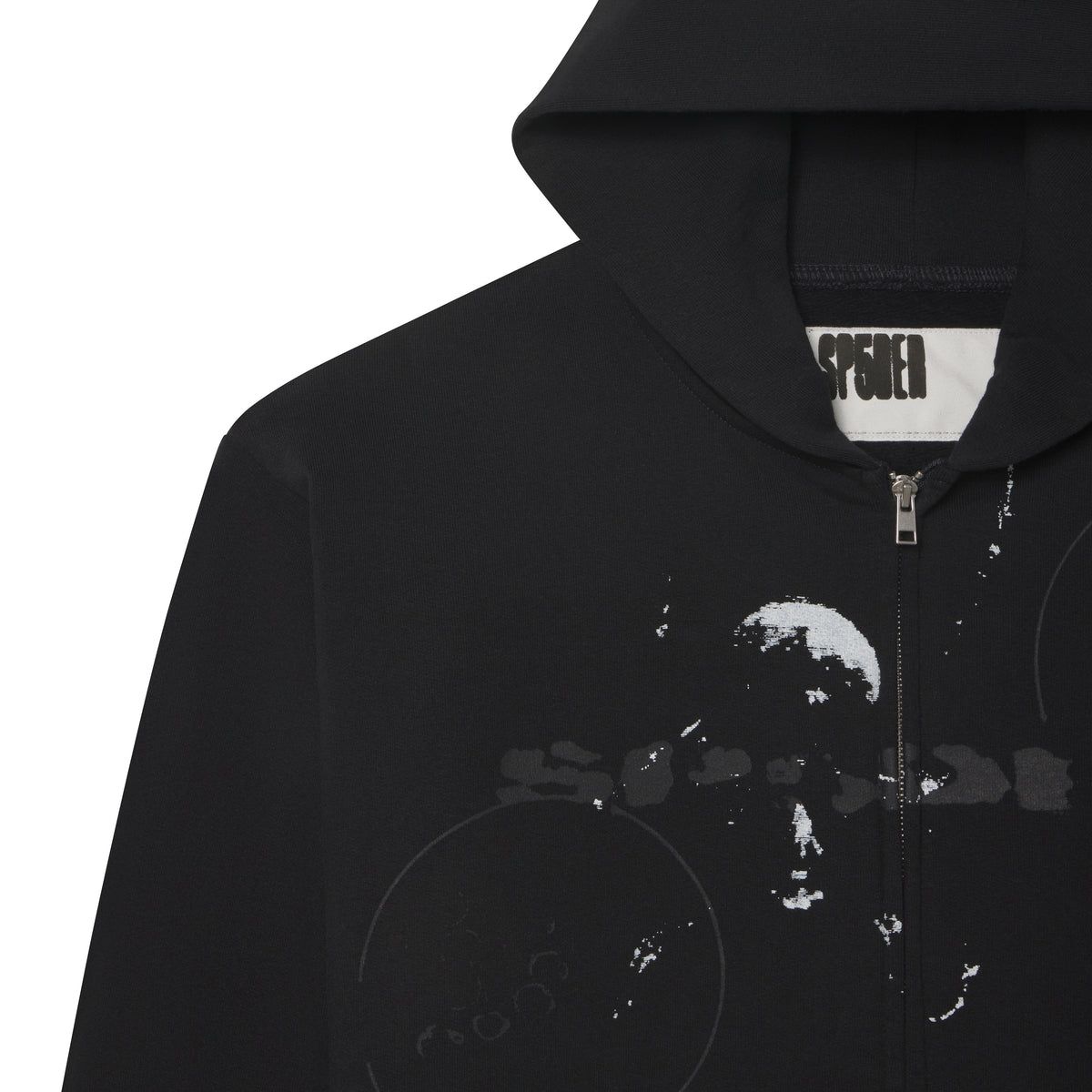 Black 100% cotton zip hoodie with distressed white graphic prints and embroidered chest detailing.