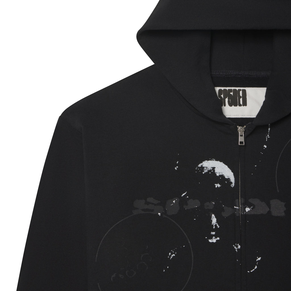 Black 100% cotton zip hoodie with distressed white graphic prints and embroidered chest detailing.