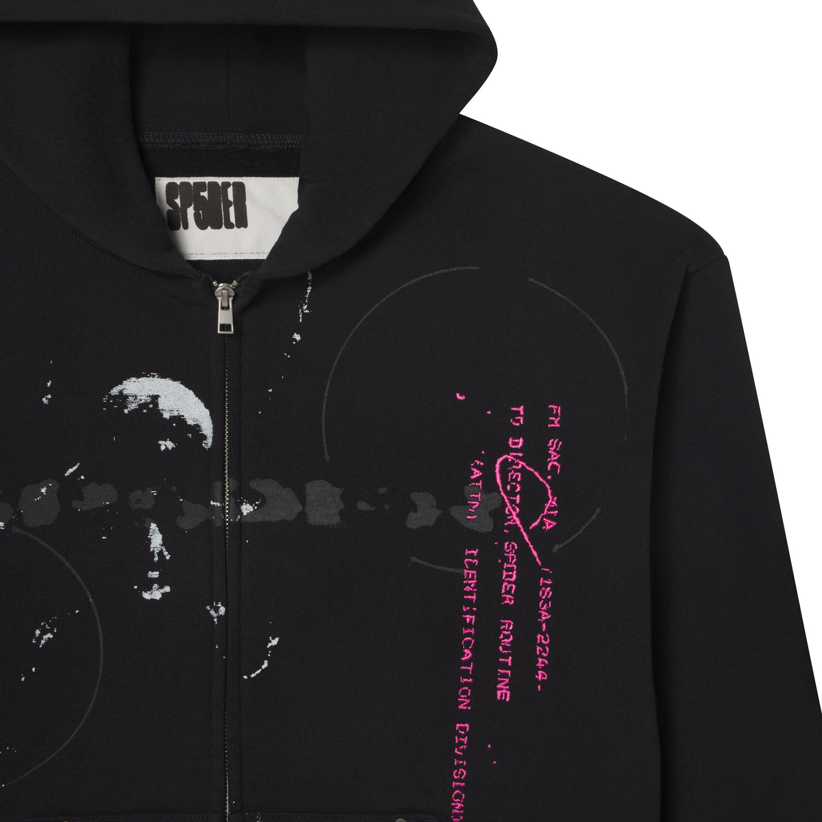 Black cotton fleece zip hoodie featuring distressed white and pink embroidered graphic designs on the chest.