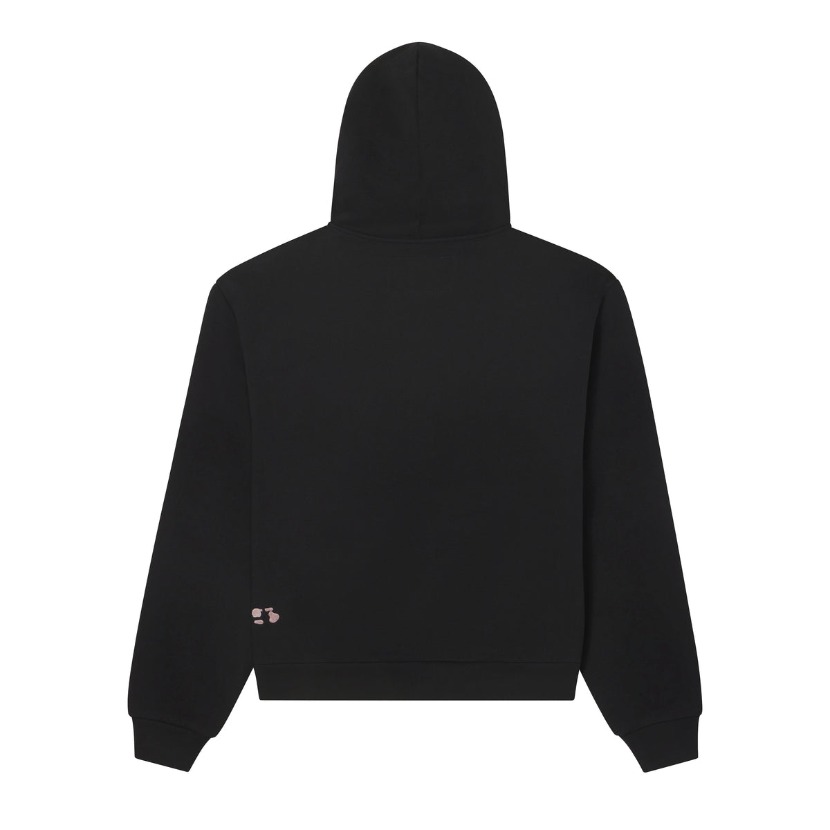 Back view of a black 100% cotton fleece zip hoodie with a small distressed graphic print on the lower left side.