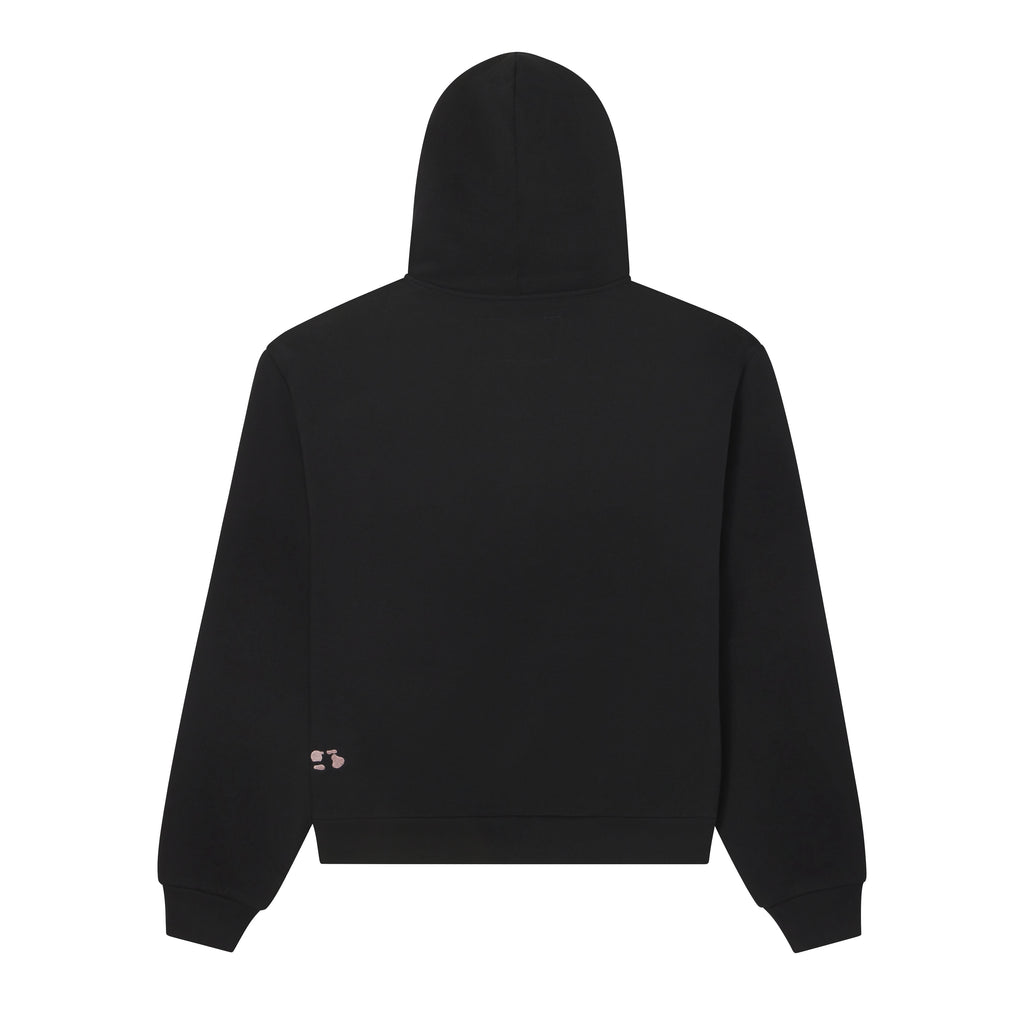 Back view of a black 100% cotton fleece zip hoodie with a small distressed graphic print on the lower left side.
