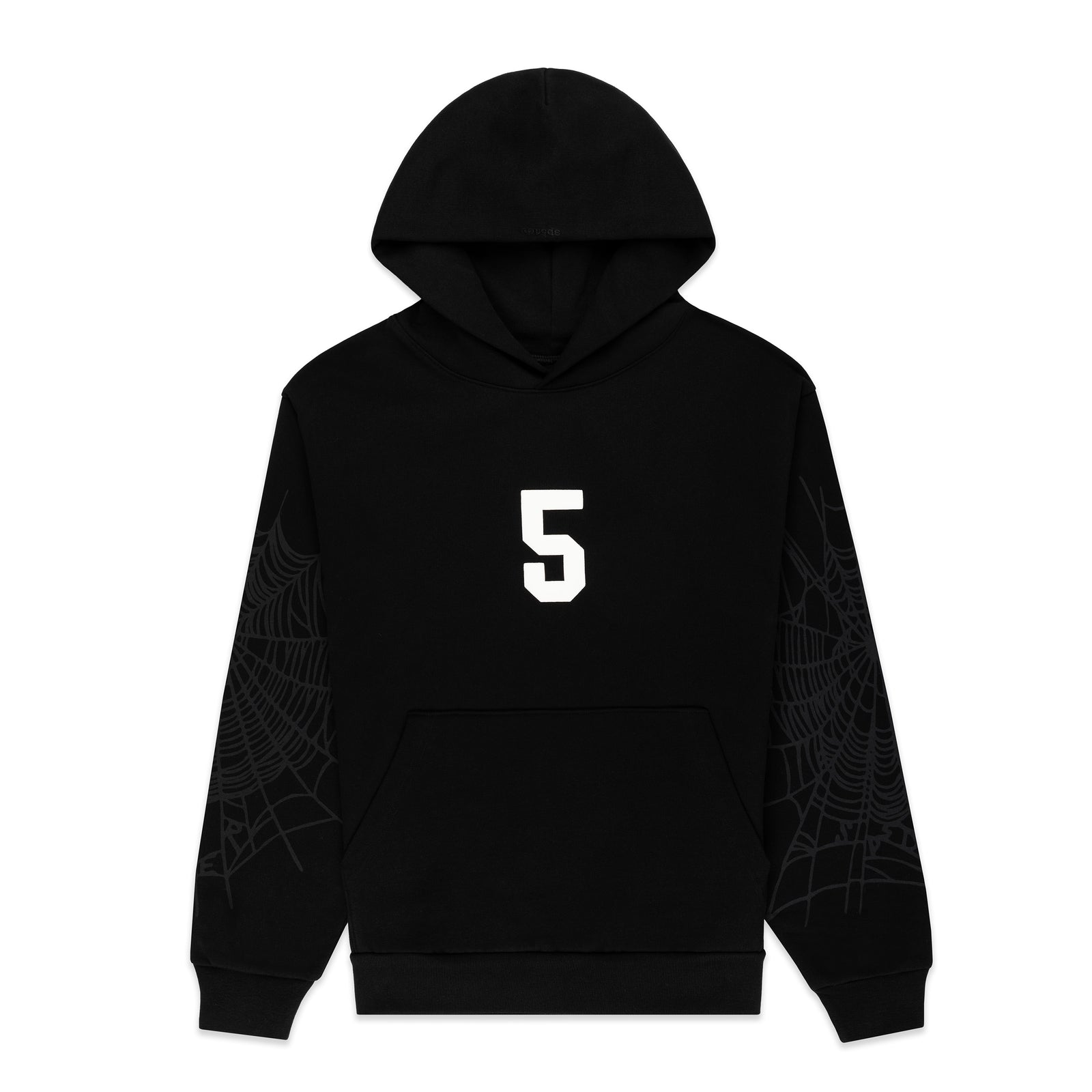 Black 13oz cotton fleece STADIUM HOODIE with white '5' graphic, web detail on sleeves, and kangaroo pocket.