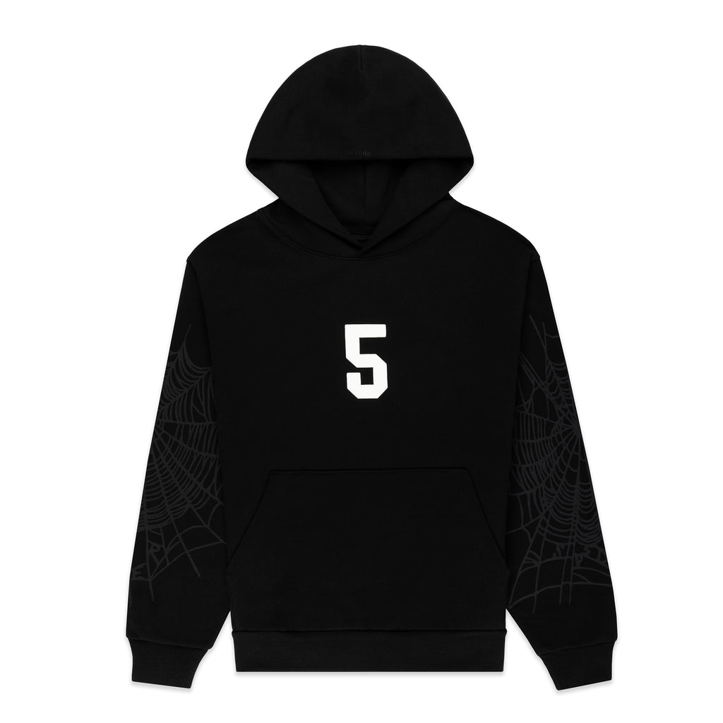 Black 13oz cotton fleece STADIUM HOODIE with white '5' graphic, web detail on sleeves, and kangaroo pocket.