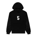 Black 13oz cotton fleece STADIUM HOODIE with white '5' graphic, web detail on sleeves, and kangaroo pocket.