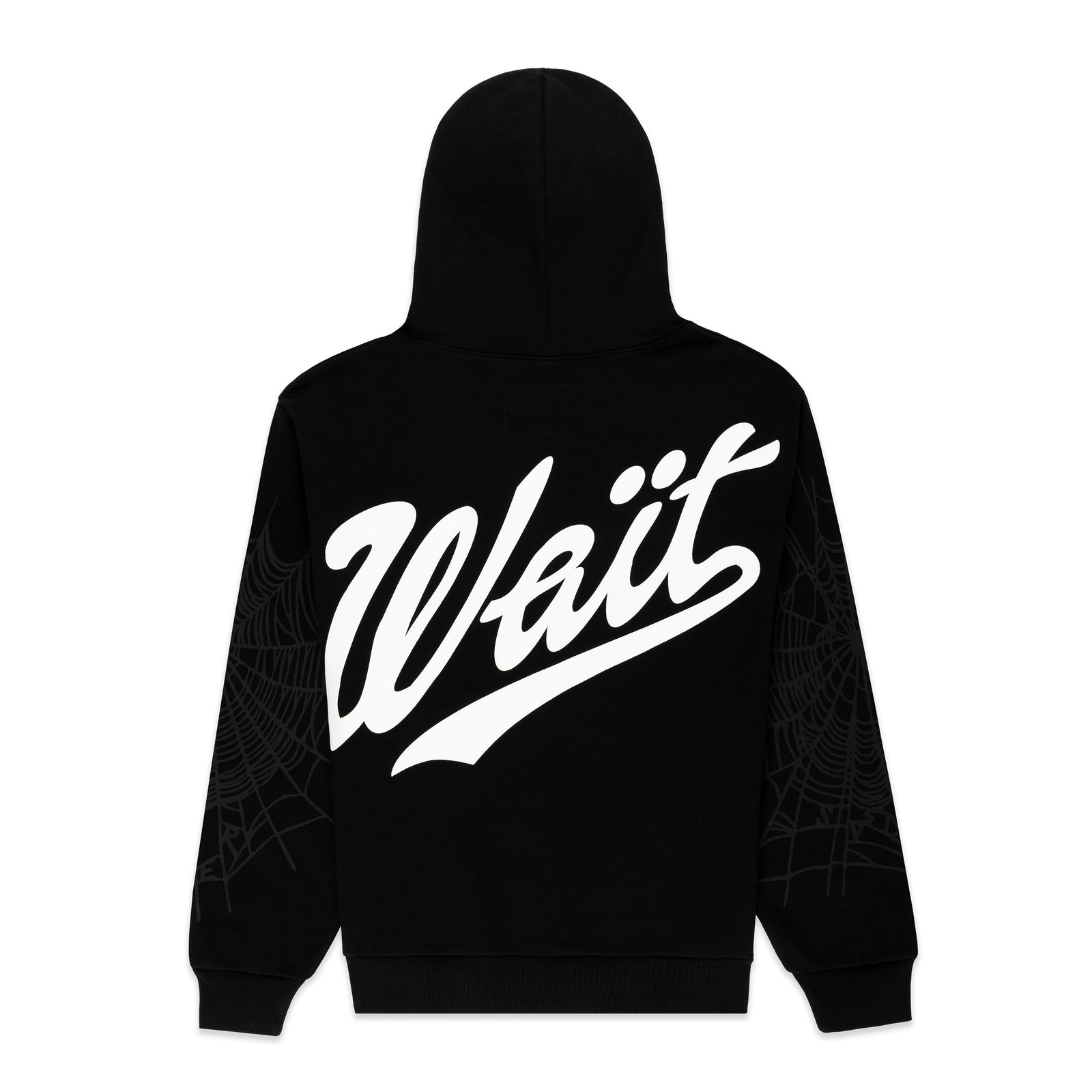 Black 13oz cotton fleece hoodie with "Wait" script text on back and subtle spider web details on sleeves.