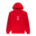Red 13oz cotton fleece hoodie with pink '5' graphic, spider web sleeves, and kangaroo pocket.