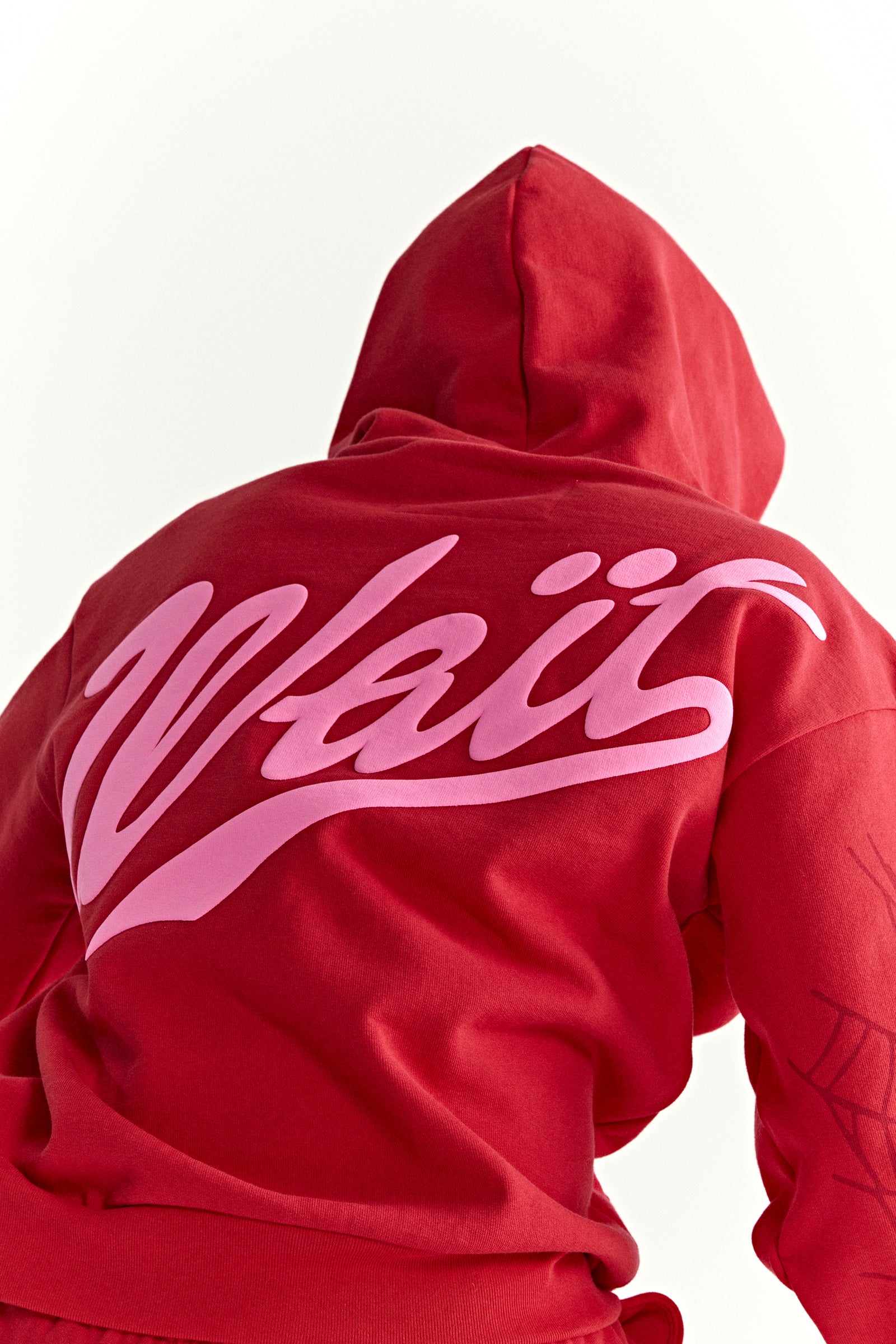 Red 13oz cotton fleece hoodie with "Wait" puff print on back and web detail on sleeves.