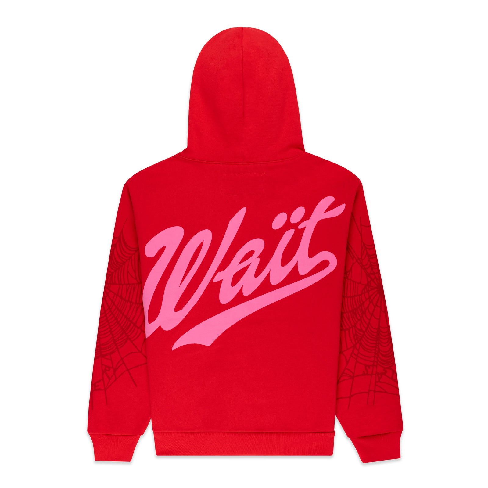 Red 13oz cotton fleece hoodie with pink "Wait" script on back and spider web detail on sleeves.