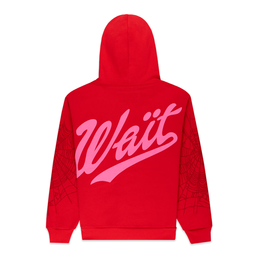 Red 13oz cotton fleece hoodie with pink "Wait" script on back and spider web detail on sleeves.