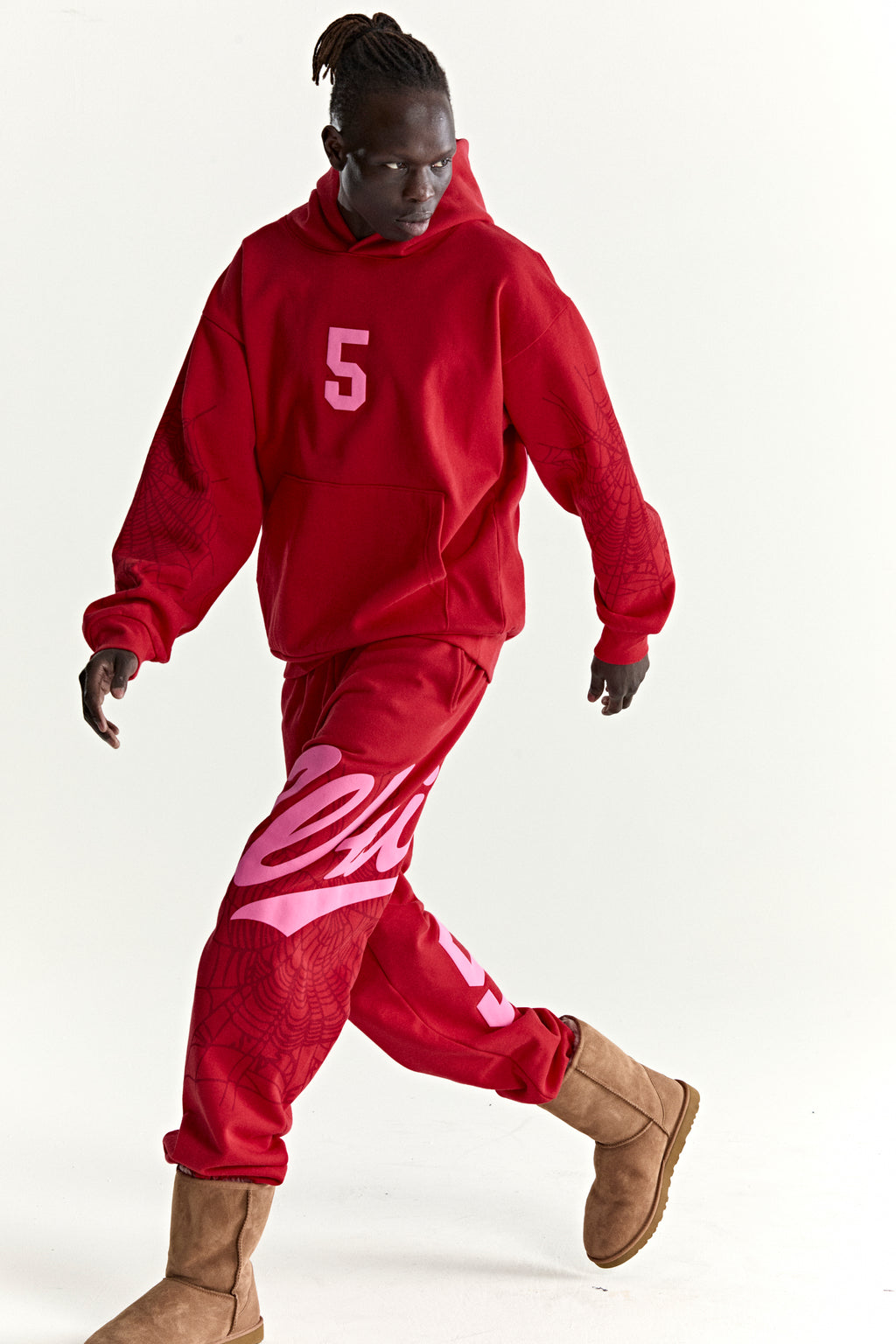 Red 13oz cotton fleece hoodie with pink '5' graphic, web detail sleeves, and matching sweatpants.