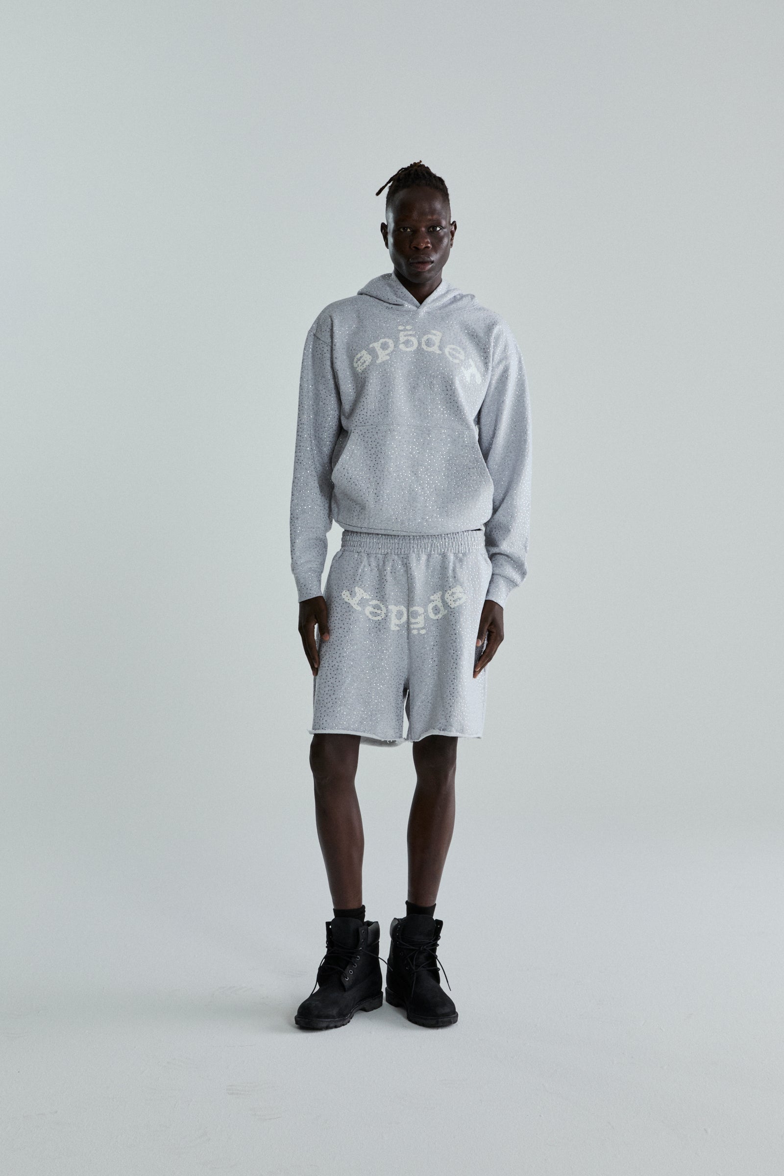 Grey 13oz cotton fleece VVS Hoodie and shorts set with tonal rhinestones and SP5DER text.