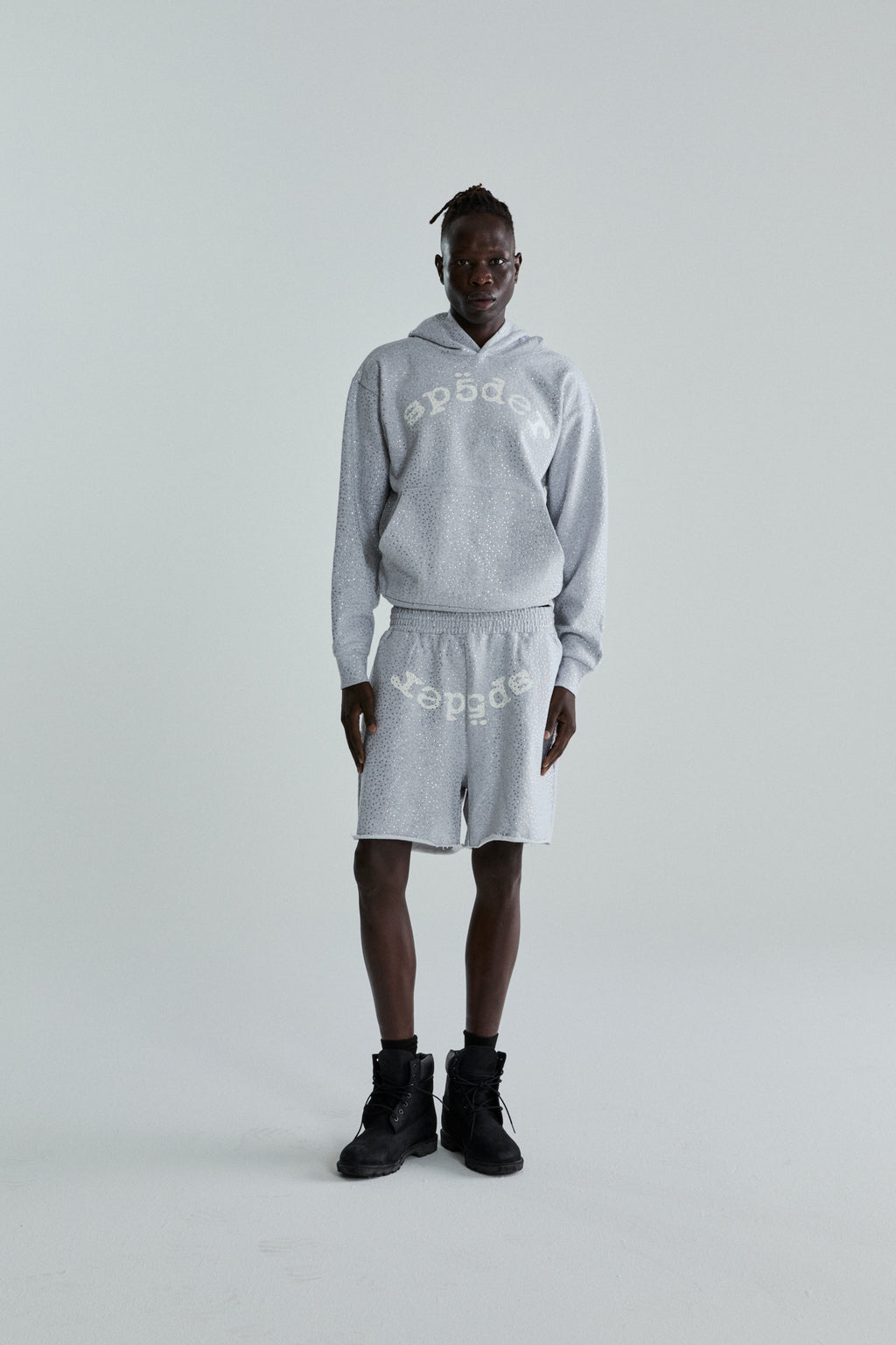 Grey 13oz cotton fleece VVS Hoodie and shorts set with tonal rhinestones and SP5DER text.