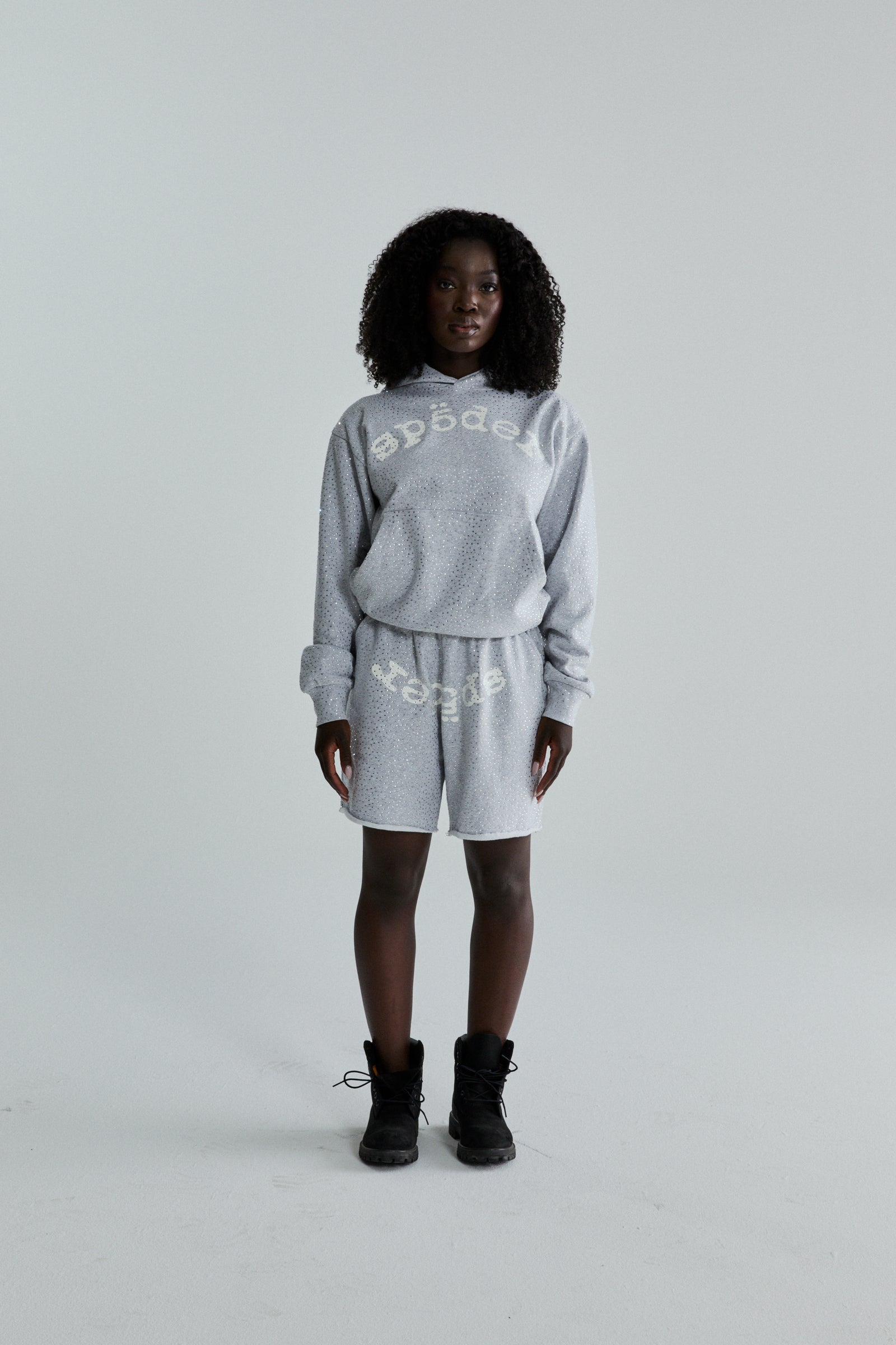Grey VVS Hoodie and shorts set with all-over tonal rhinestones and SP5DER text.