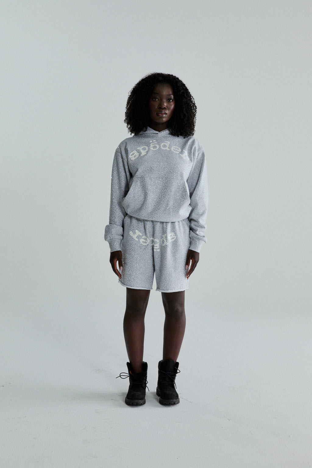 Grey VVS Hoodie and shorts set with all-over tonal rhinestones and SP5DER text.