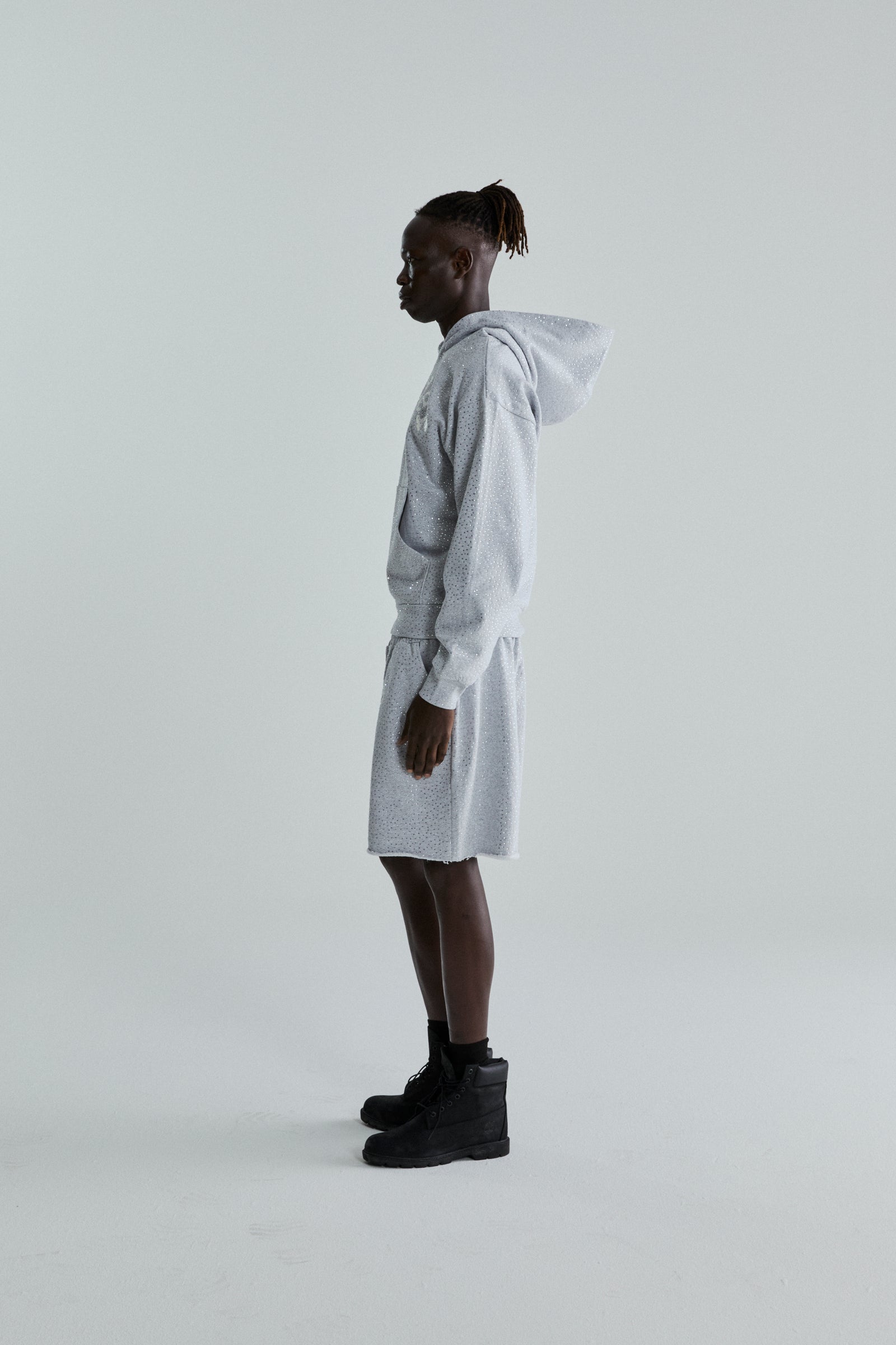 Light grey VVS Hoodie and shorts set with all-over tonal rhinestones and SP5DER text.