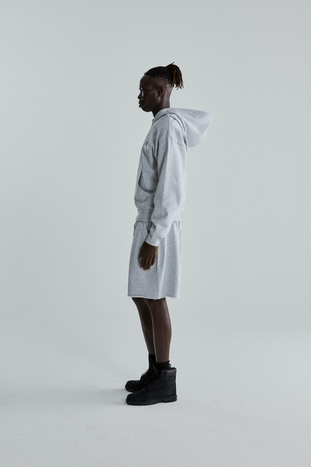 Light grey VVS Hoodie and shorts set with all-over tonal rhinestones and SP5DER text.