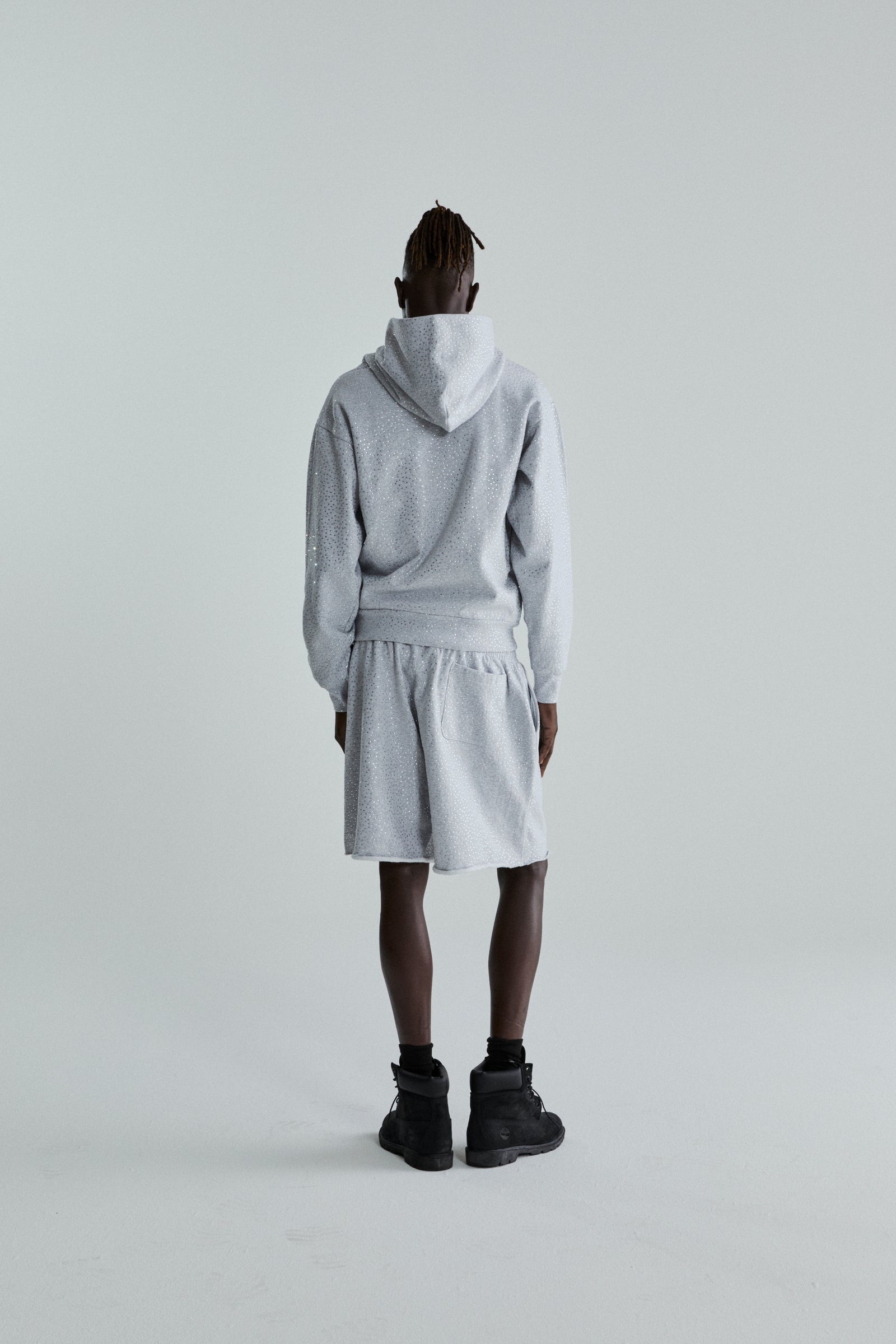 Gray VVS HOODIE and shorts with tonal rhinestone application, 100% cotton fleece.