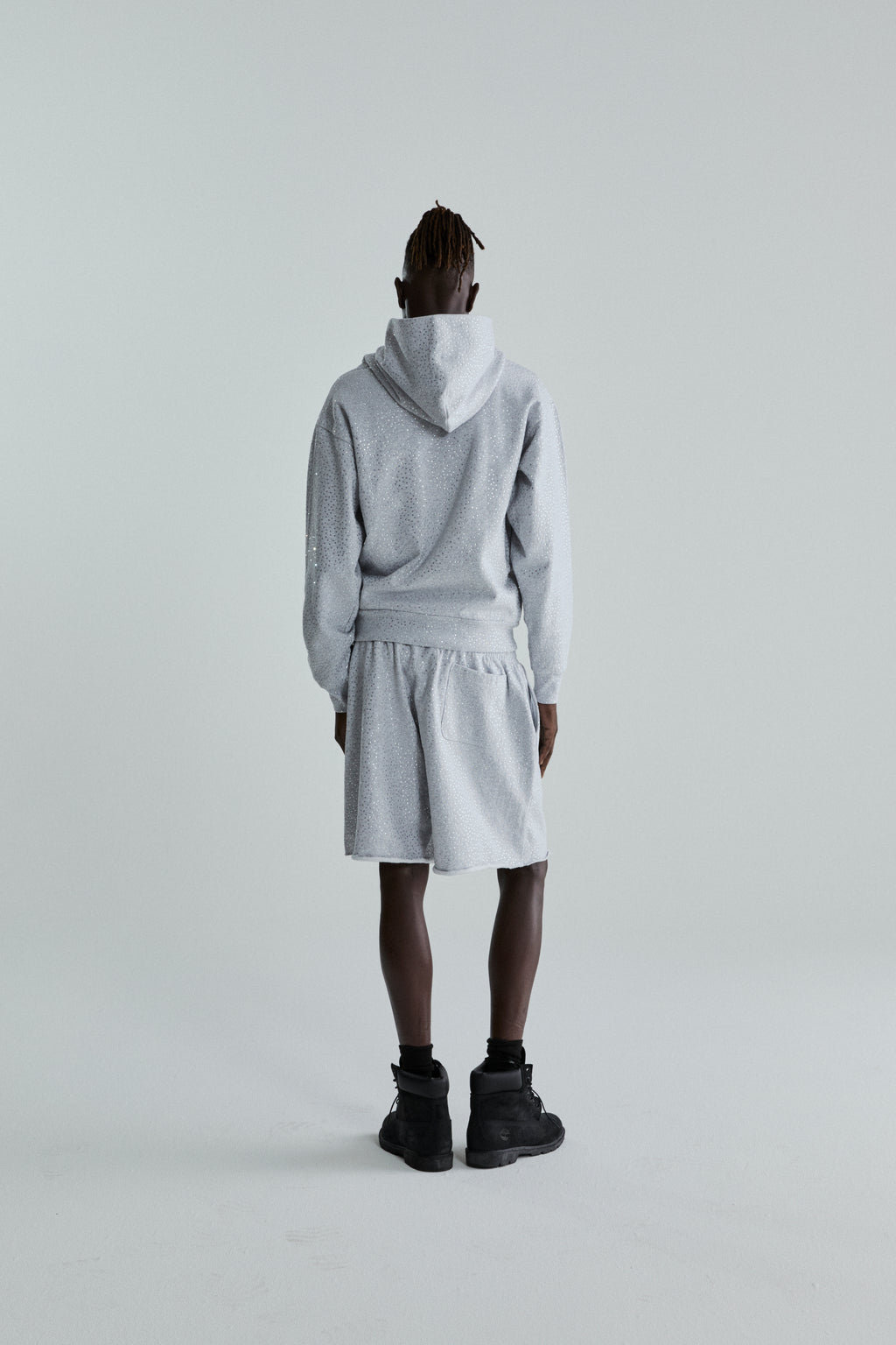 Gray VVS HOODIE and shorts with tonal rhinestone application, 100% cotton fleece.