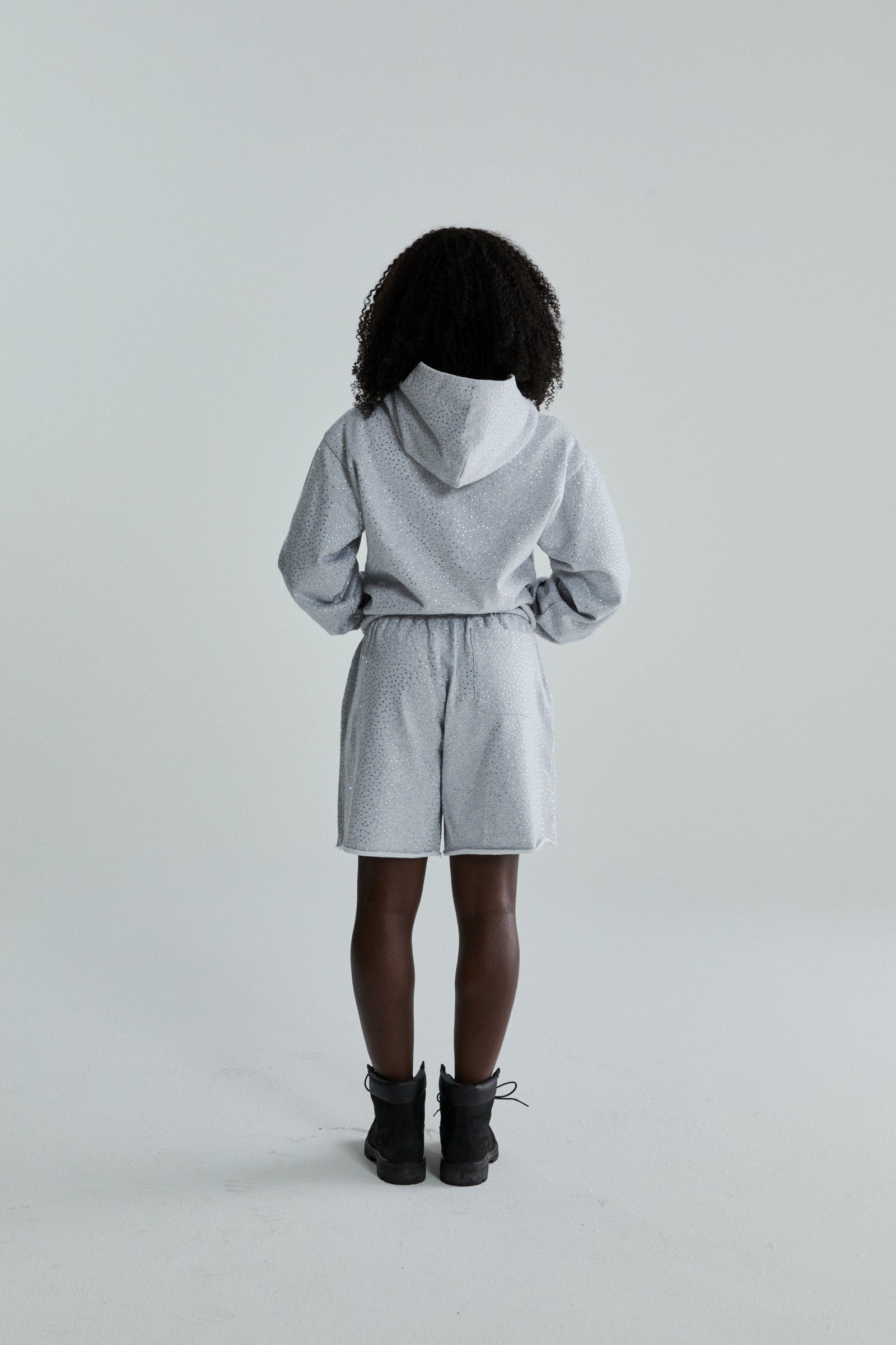 VVS Hoodie and shorts set, light grey 13oz cotton fleece with tonal rhinestone application, seen from behind.