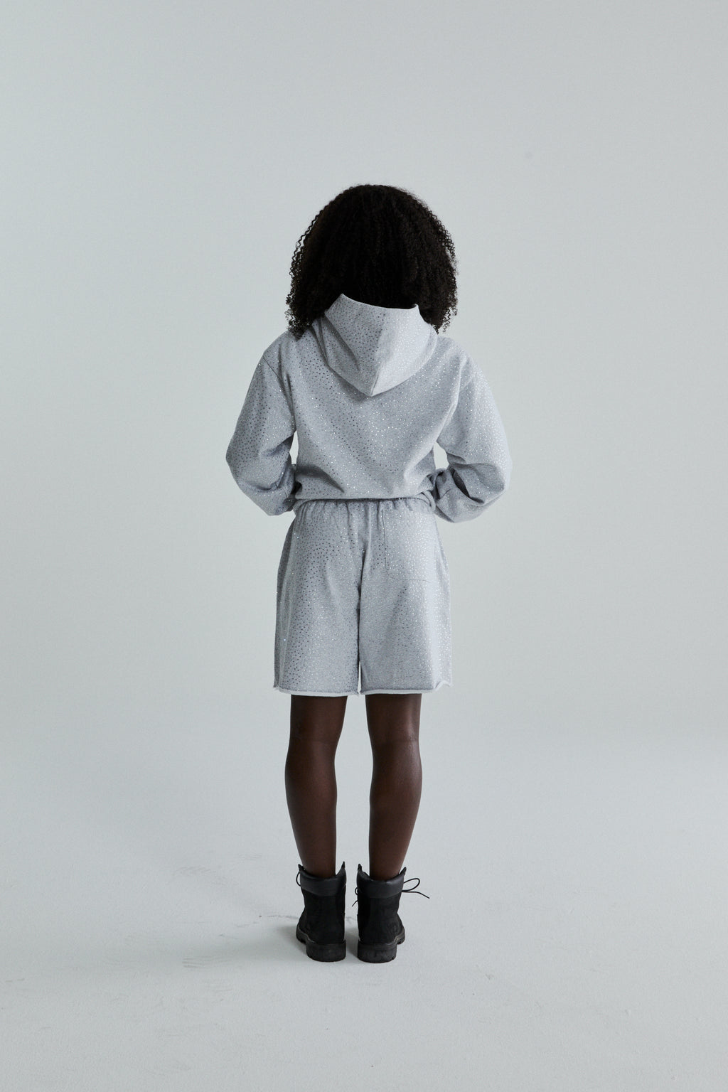 VVS Hoodie and shorts set, light grey 13oz cotton fleece with tonal rhinestone application, seen from behind.