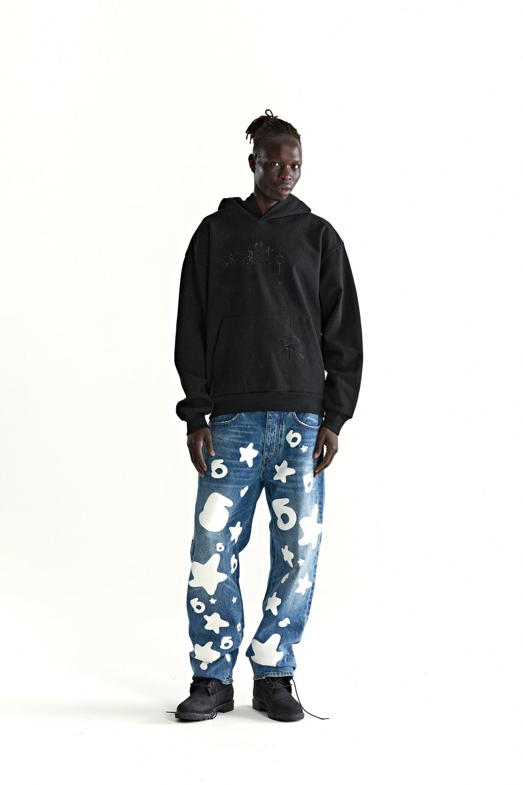 Black WAIT STONE HOODIE with rhinestone "Wait" detail, kangaroo pocket, and rib knit hem/cuffs.