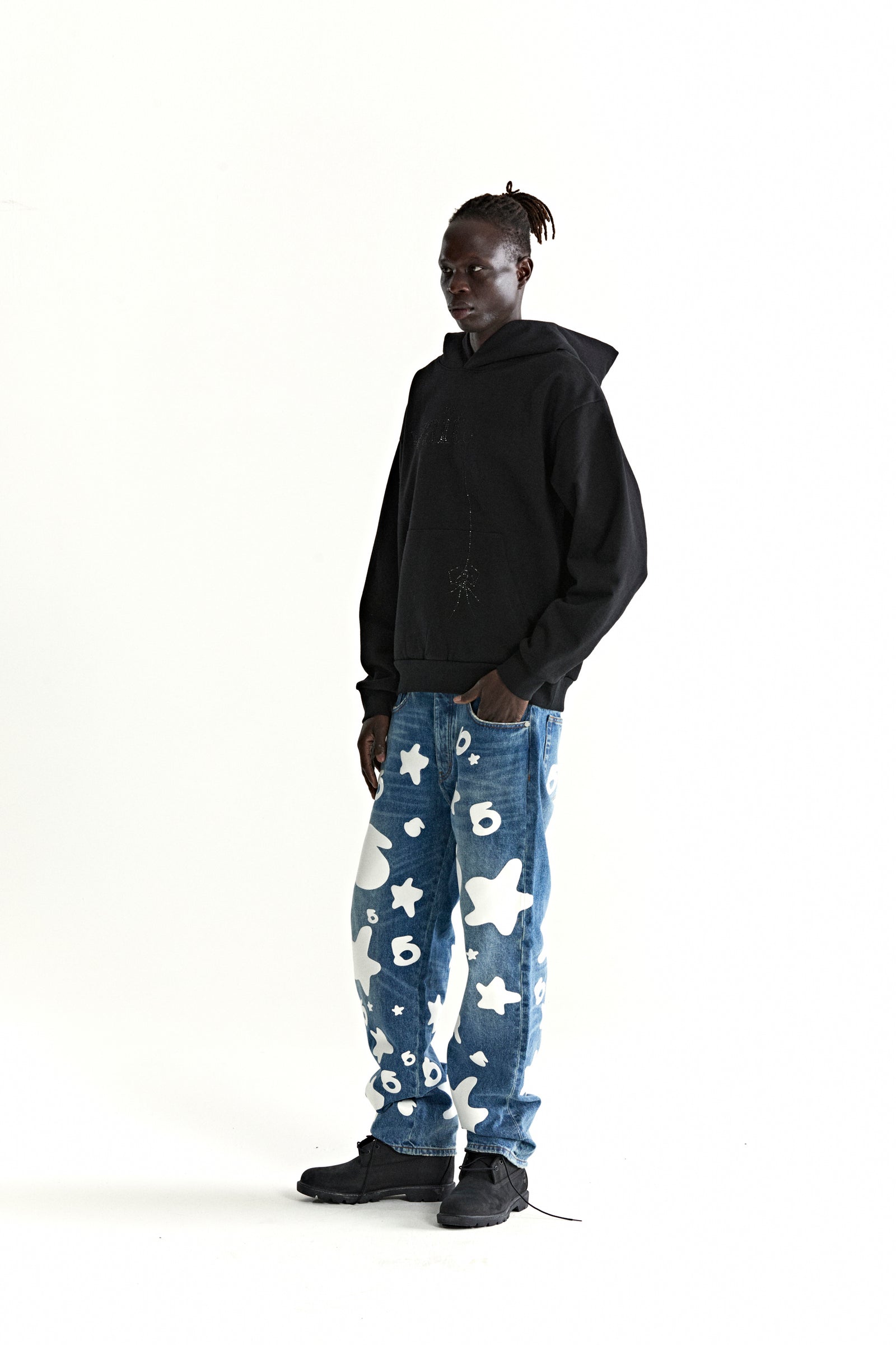 Black 13oz cotton fleece WAIT STONE HOODIE with rhinestone detail, kangaroo pocket, and rib knit trim.