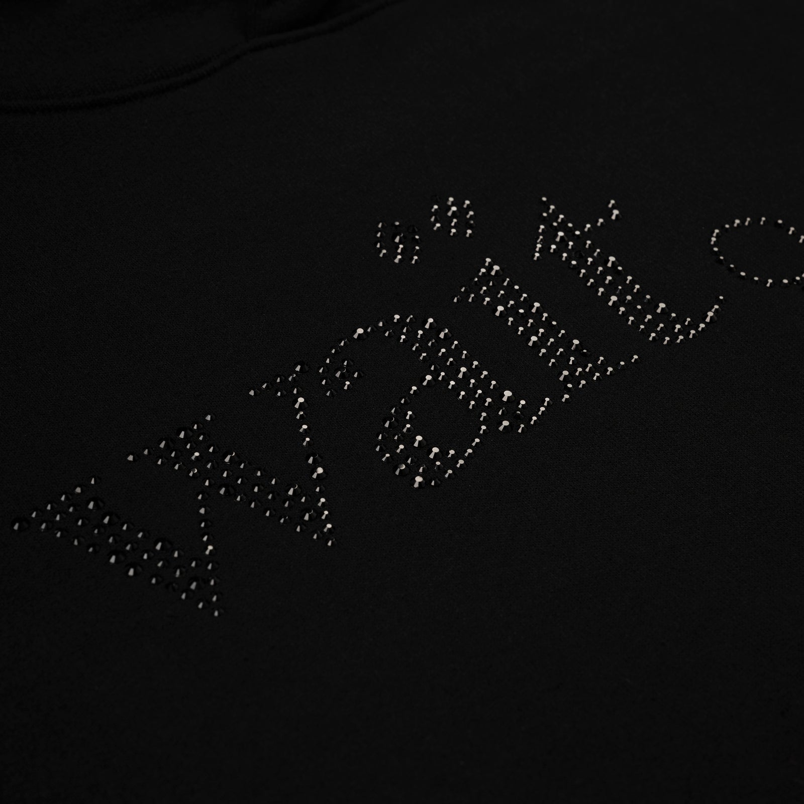 Black 13oz cotton fleece hoodie with rhinestone "Wait" detail on front.