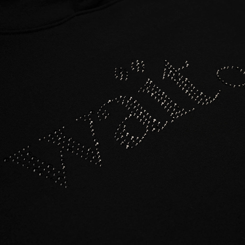 Black 13oz cotton fleece hoodie with rhinestone "Wait" detail on front.