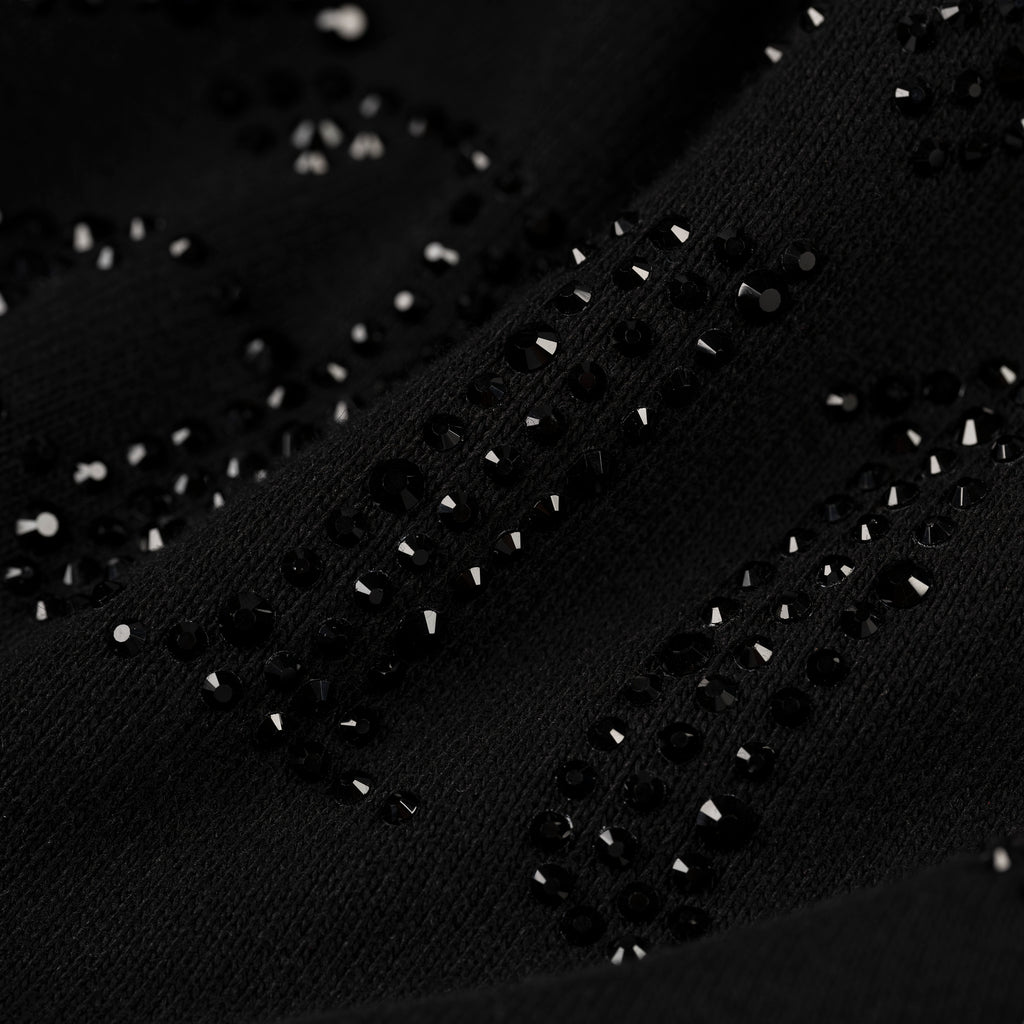 Black 13oz cotton fleece hoodie with sparkling rhinestone "Wait" detail.