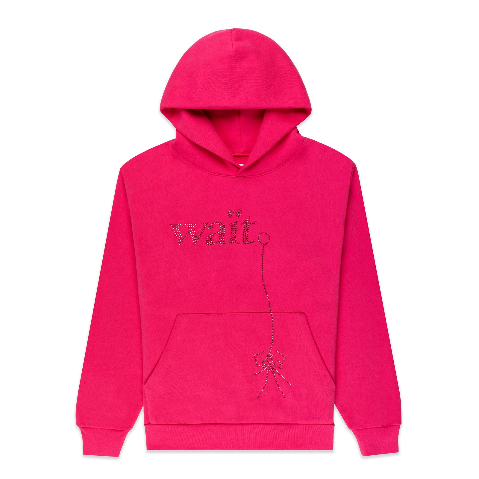 Bright pink cotton fleece hoodie with rhinestone "Wait" detail and bow design.