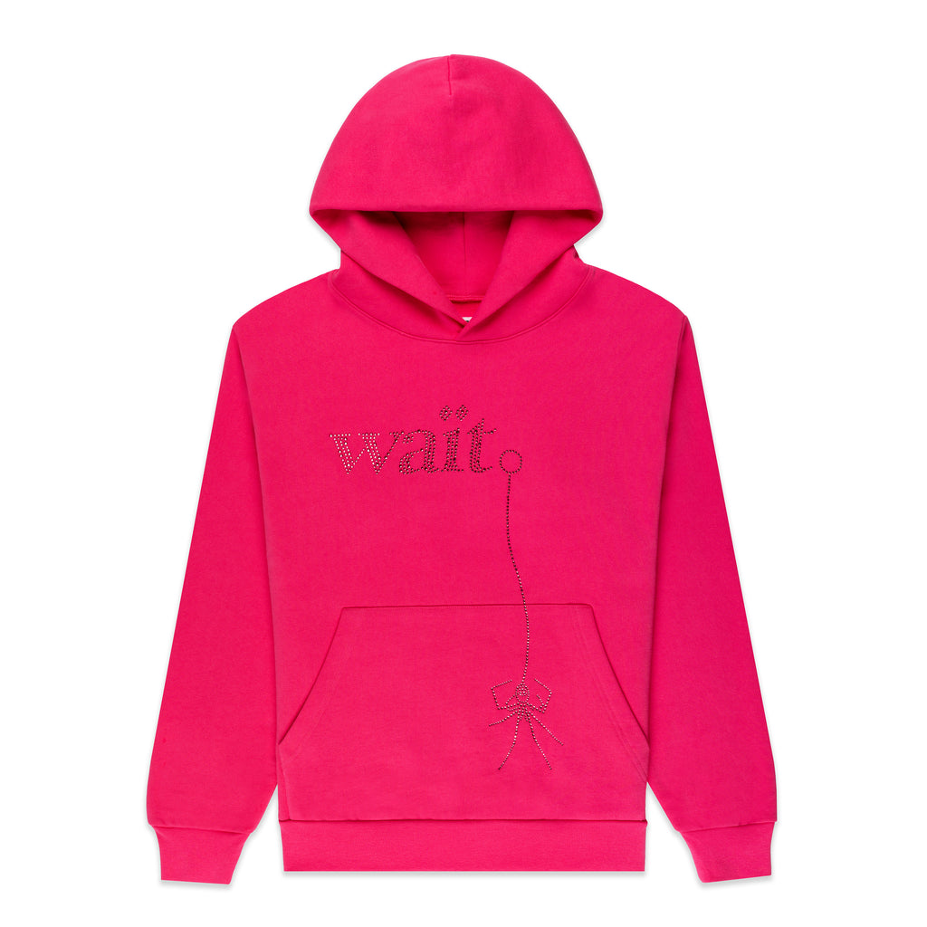 Bright pink cotton fleece hoodie with rhinestone "Wait" detail and bow design.