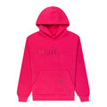 Bright pink cotton fleece hoodie with rhinestone "Wait" detail and bow design.