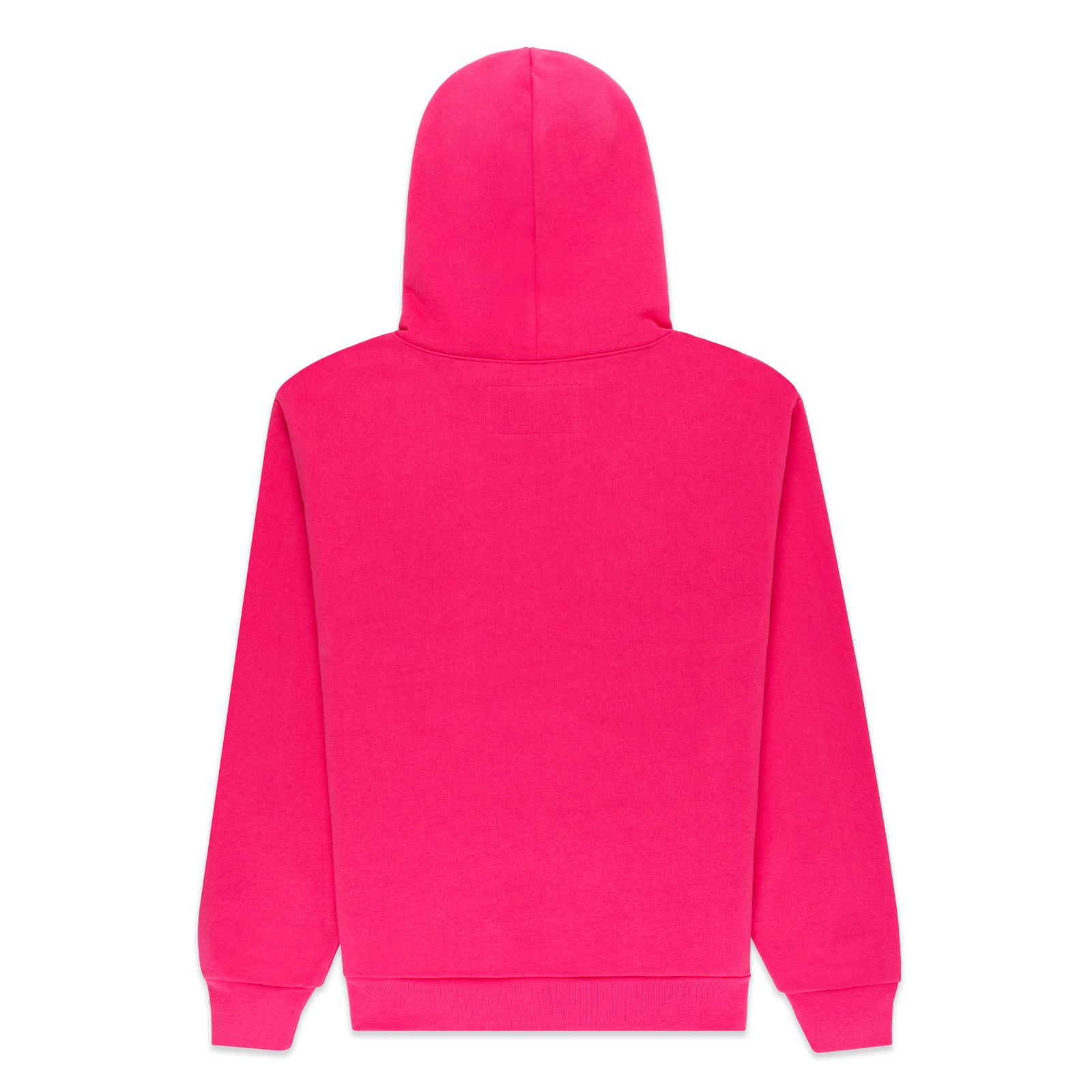 Back of a vibrant pink cotton fleece hoodie with a hood, ribbed cuffs, and hem.