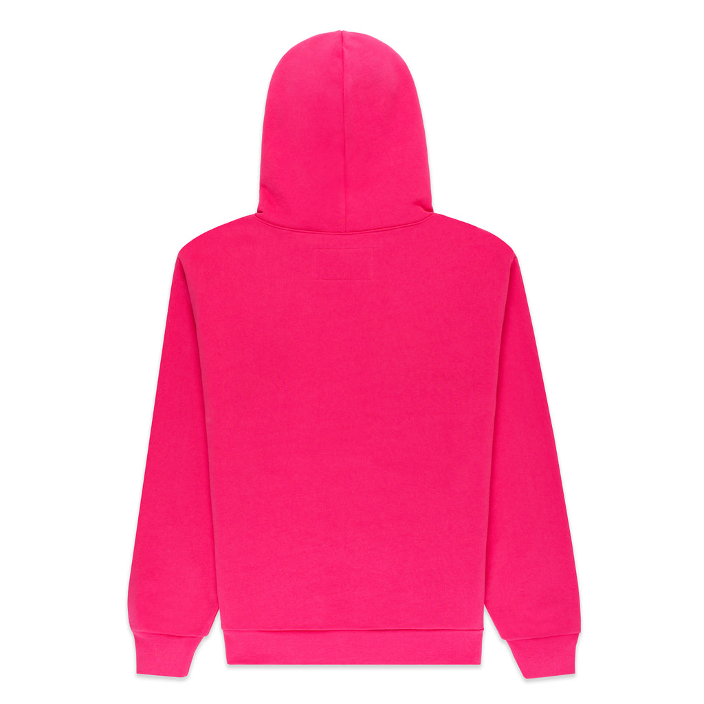 Back of a vibrant pink cotton fleece hoodie with a hood, ribbed cuffs, and hem.