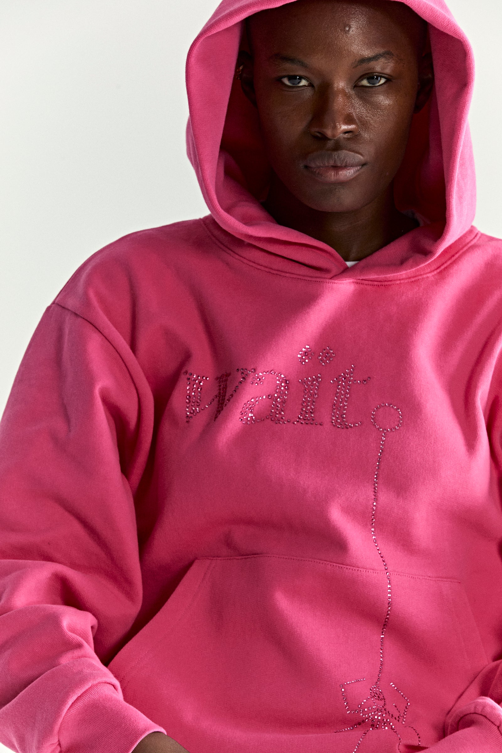 Pink WAIT STONE HOODIE with rhinestone 'Wait' detail, kangaroo pocket, and rib knit cuffs.