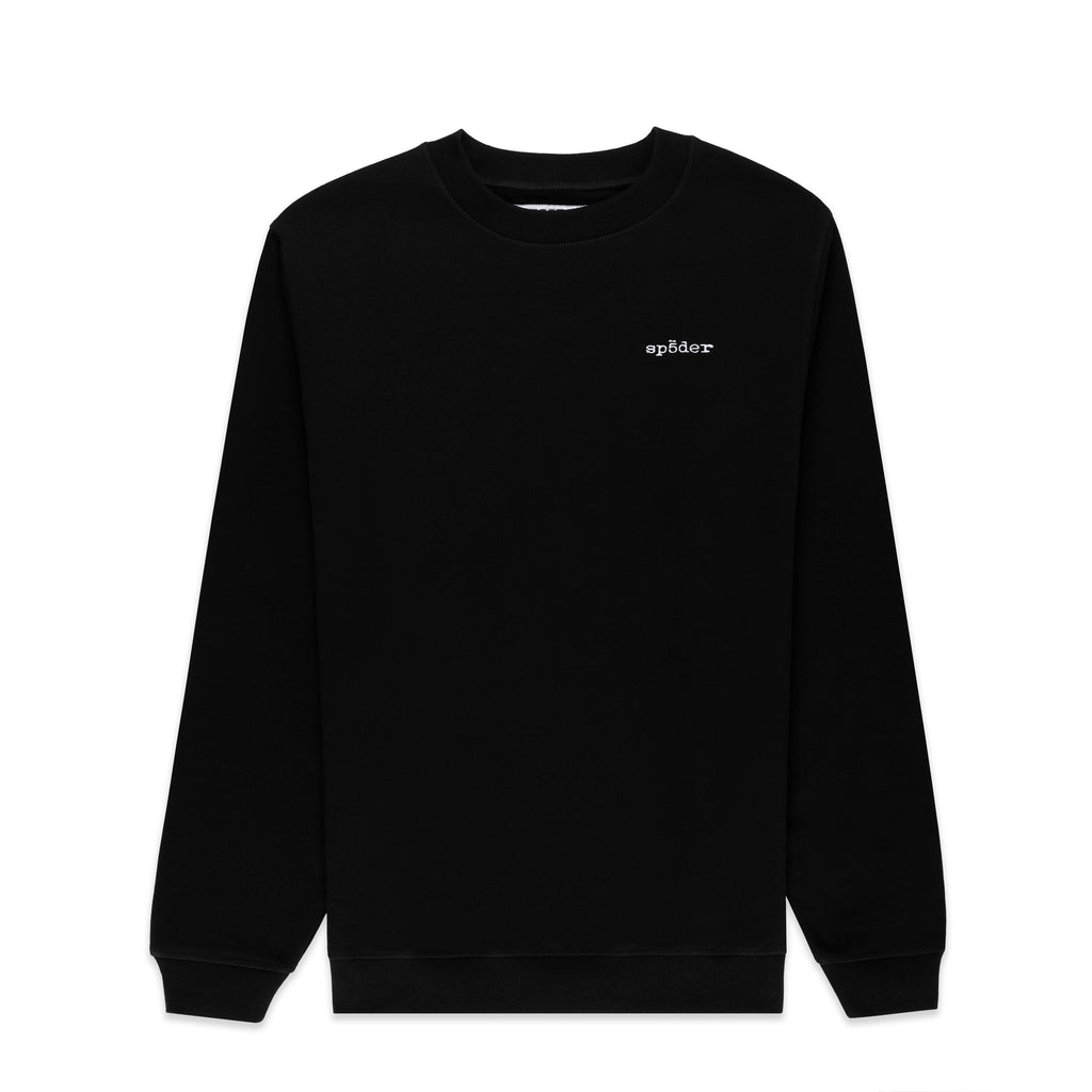 Black CORE CREWNECK, 13oz cotton brushed fleece, with white embroidered 'SP5DER' logo on chest.