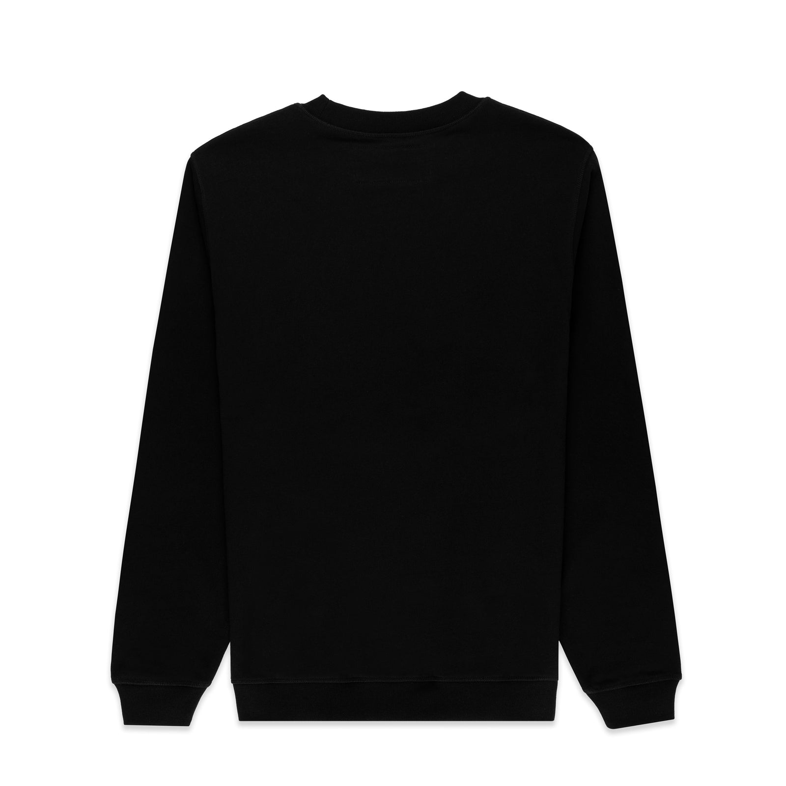 Black CORE CREWNECK sweatshirt, 13oz brushed fleece, with ribbed collar, hem, and cuffs.