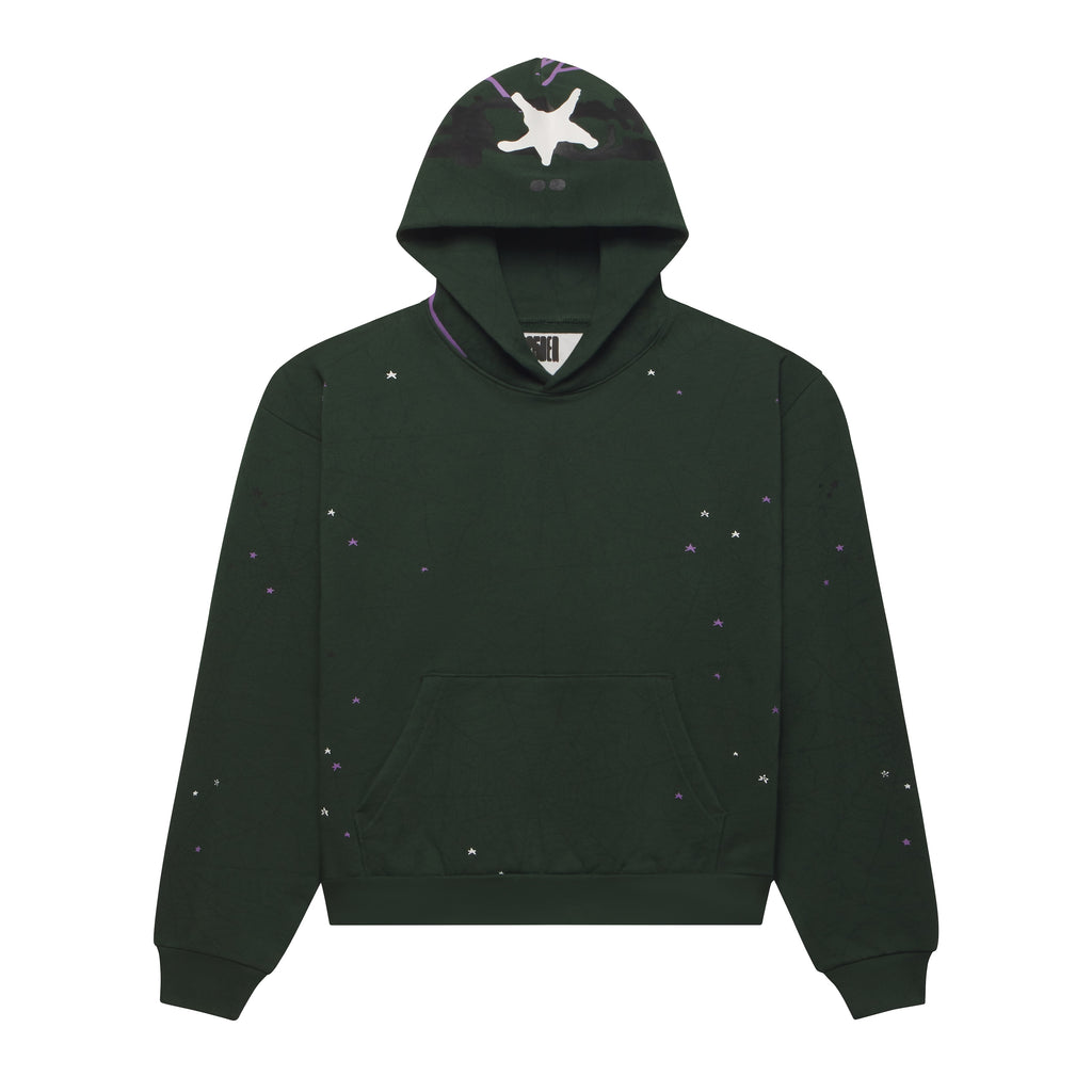 Heavyweight dark green cotton fleece hoodie with scattered star graphic prints and a web design on the hood and shoulders.
