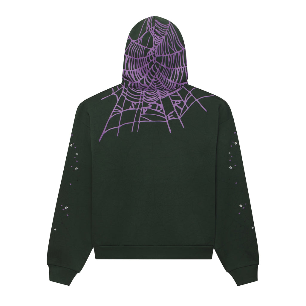 Heavy black cotton fleece hoodie with purple web graphic on the hood and shoulders, featuring scattered star prints on sleeves.
