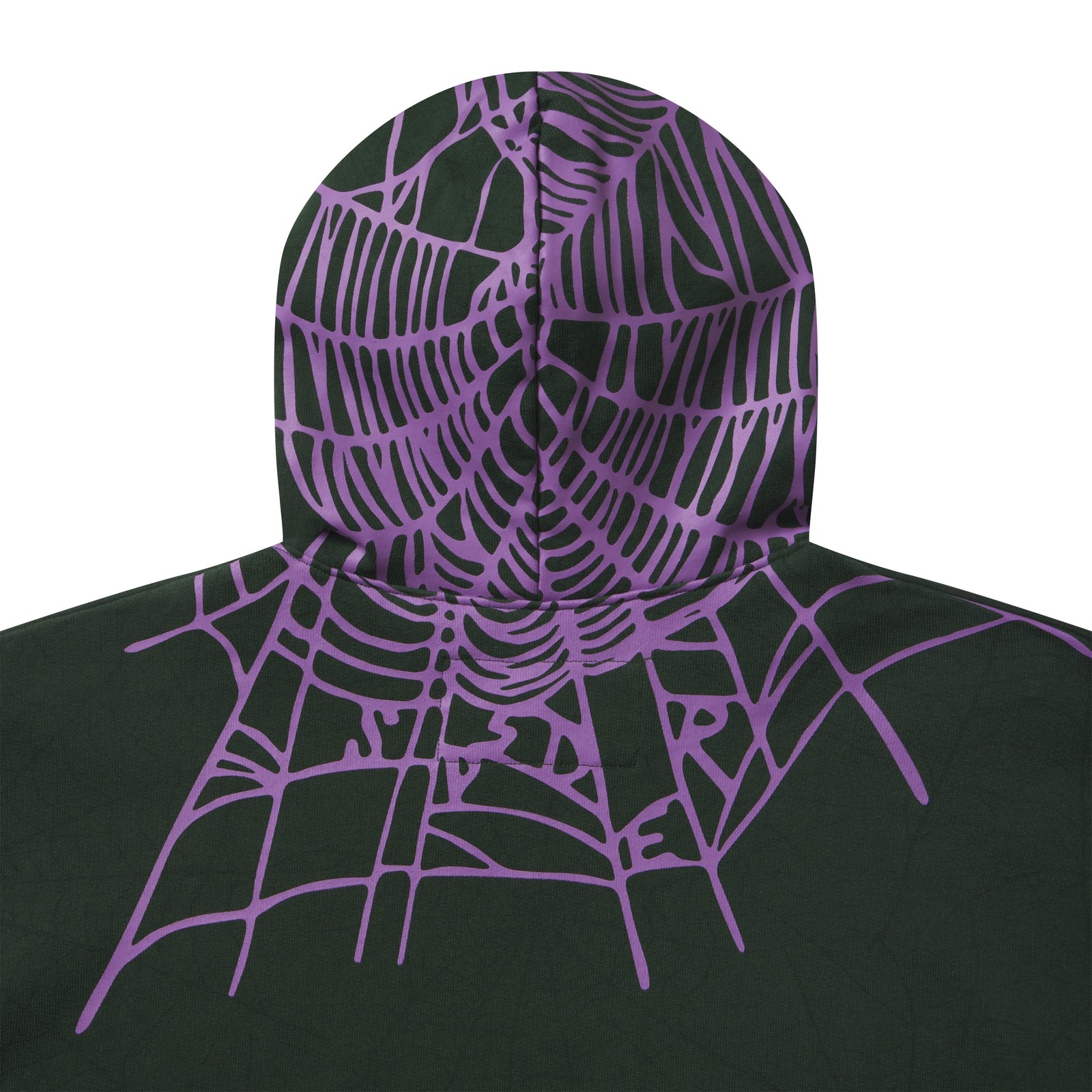 Black heavy cotton fleece hoodie featuring a purple web graphic print extending from the hood to the shoulders.